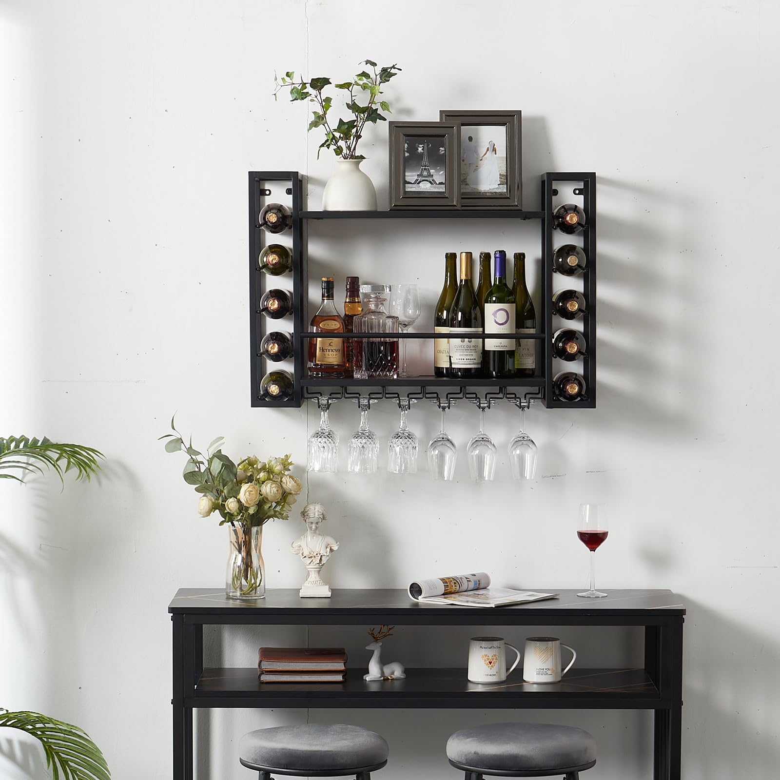 31.5 Inch Black Metal Wall Mounted Wine Rack with Glass Holder - Space Saving Wine Bottle Storage Display for Home Bar, Dining Room, Kitchen - Perfect for Entertaining Guests & Organizing Your Wine Collection