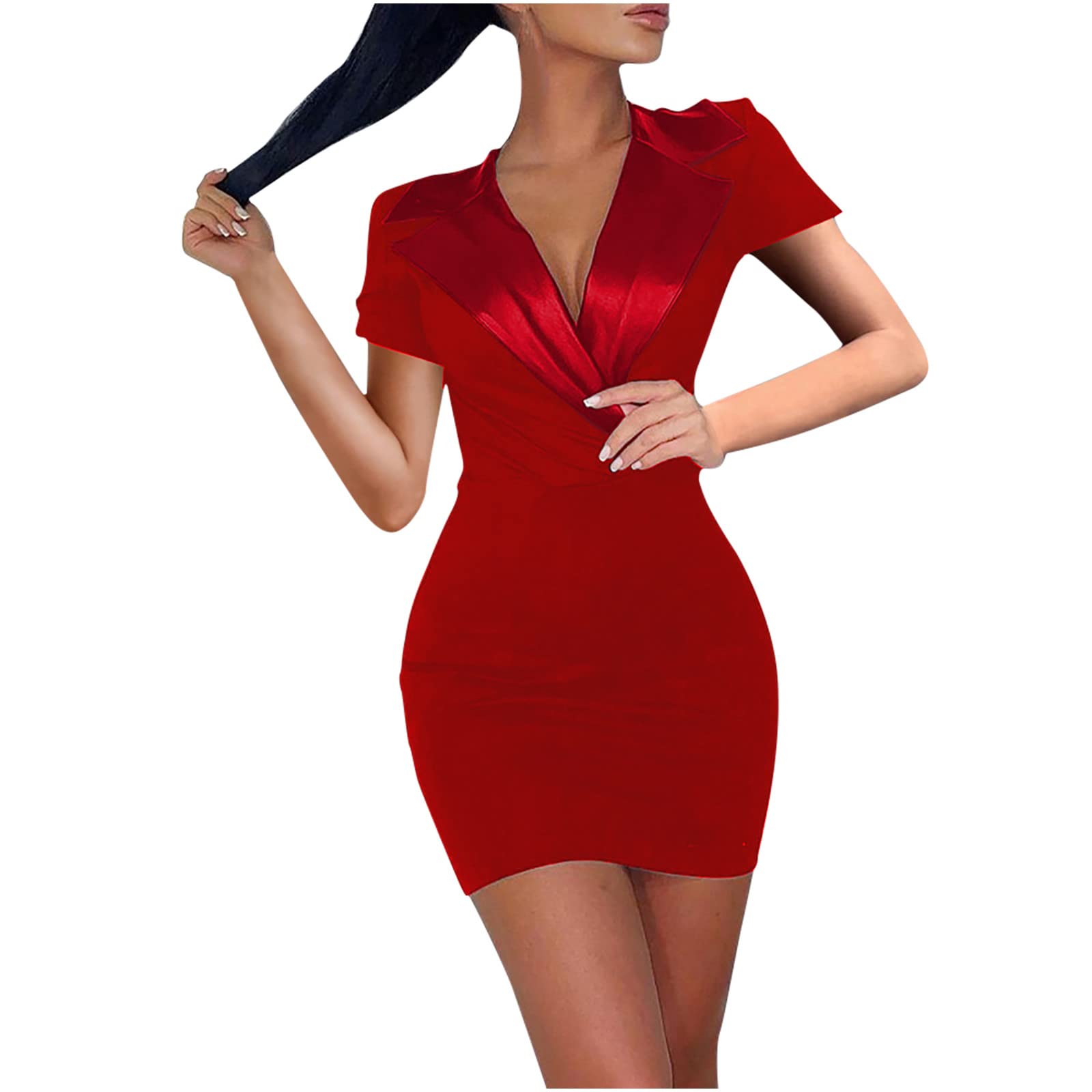 BOXIACEY Women's Summer Sexy Casual Short Sleeve Pleated Mini Dress - Solid Color Tight Hip Party & Cocktail Dress for Beach, Club, Date Night and Formal Occasions