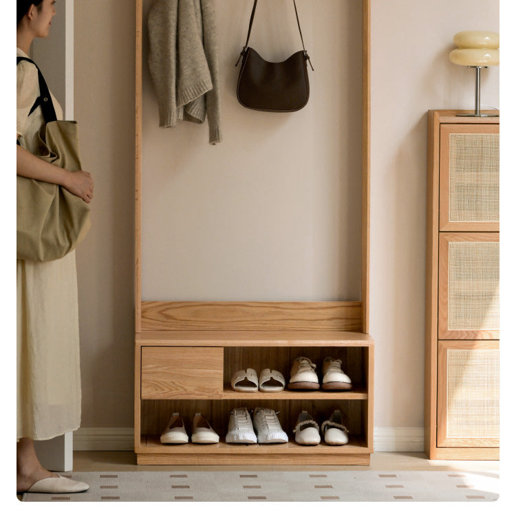 Solid Oak Wood Shoe Bench with Coat Hooks - Durable Entryway Storage Organizer for Shoes, Hats & Jackets | Perfect for Mudrooms, Hallways & Bedrooms