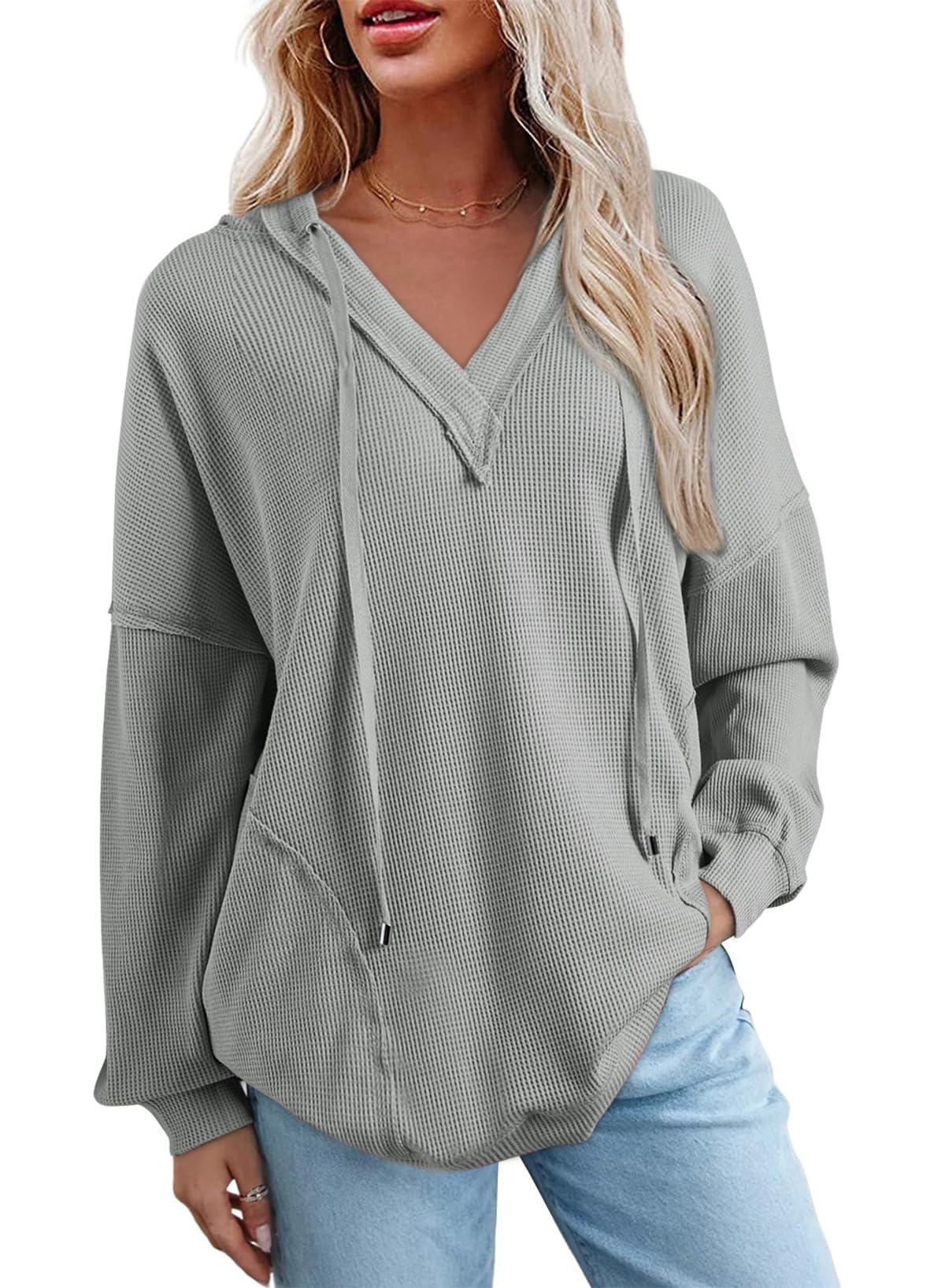 AlvaQ Women's Oversized Hoodie Sweatshirt - Casual Long Sleeve V Neck Pullover with Drawstring & Waffle Knit Texture | Perfect for Loungewear, Street Fashion & Fall Layering