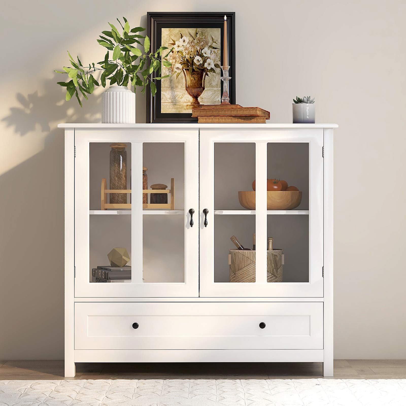 Modern White Wood Buffet Sideboard with Large Drawer & 2 Glass Doors - Elegant Kitchen Storage Cabinet, Entryway Console Table for Living Room, Bedroom, Dining Room | Perfect for Home Organization & Stylish Decor