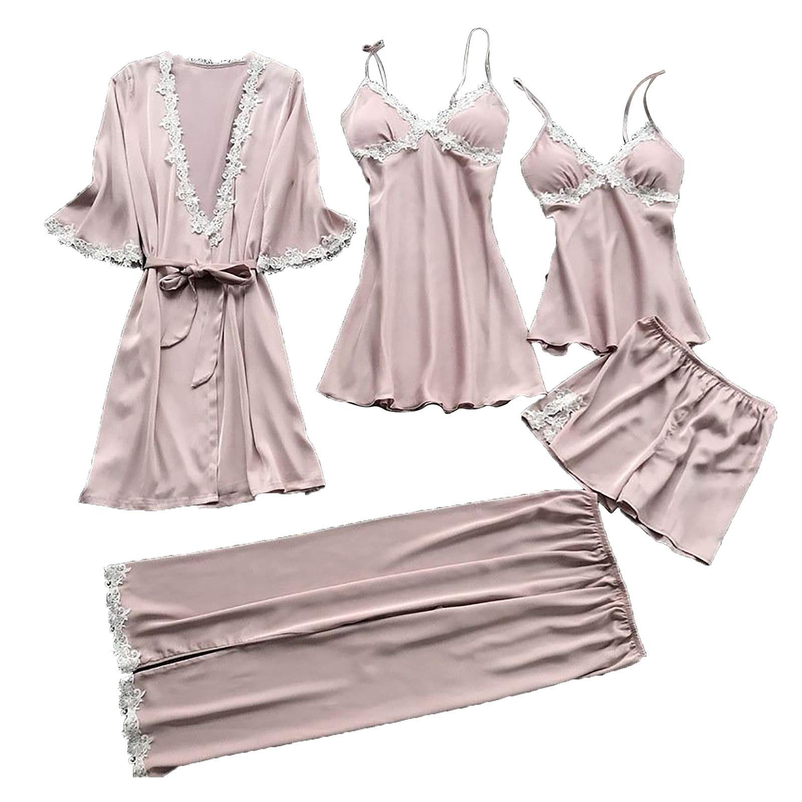 Women's 5-Piece Floral Lace Trim Satin Sleepwear Set - Sexy Cami Top & Robe Nightgown Pajamas for Plus Size | Comfortable Silk Pajamas for Women, Perfect for Valentine's Day, Honeymoon & Relaxing at Home