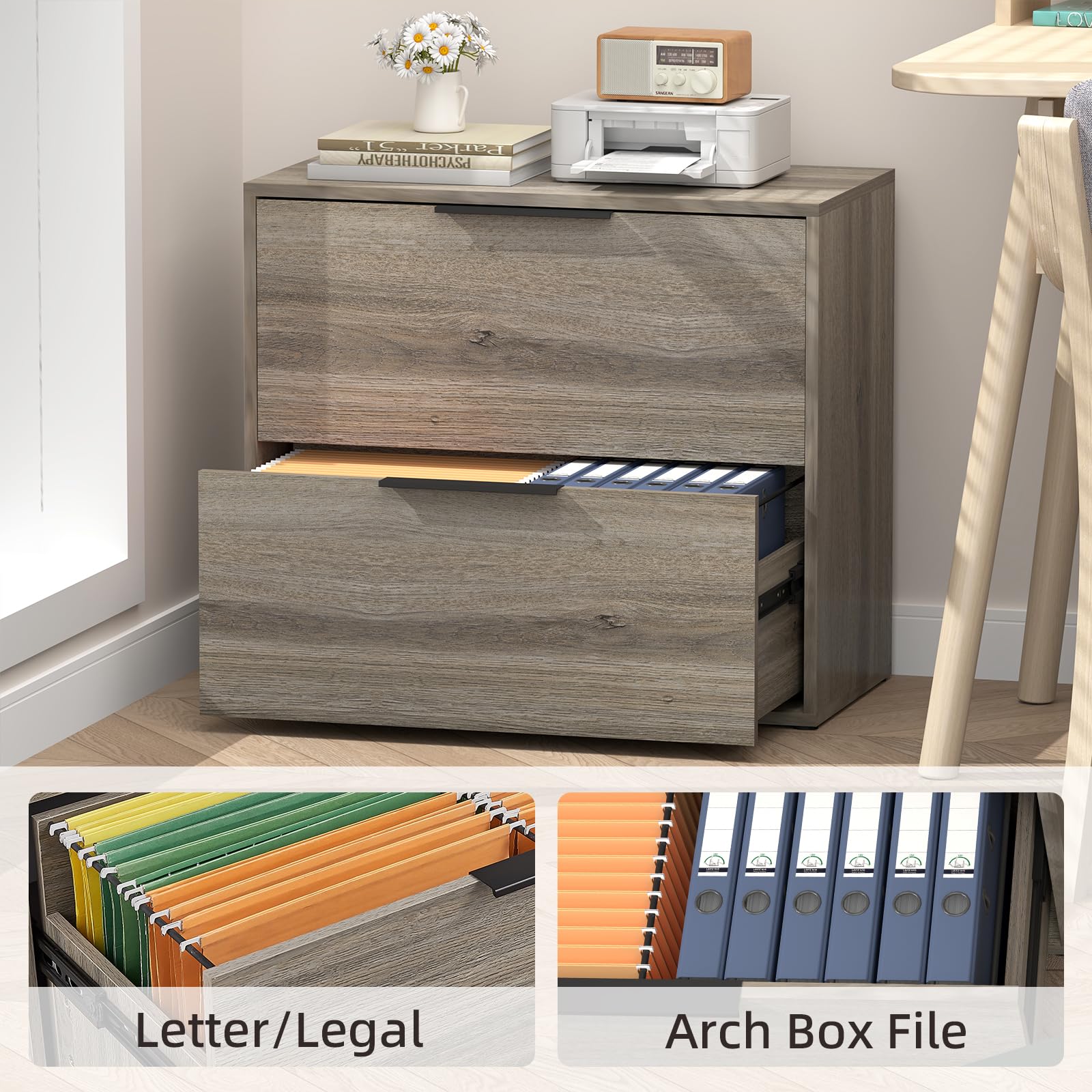 2-Drawer Wooden Lateral File Cabinet for Home Office - Farmhouse Style with Hanging Bars for Letters/Legal (Grey) - Perfect for Organizing Documents in Small Spaces & Home Offices