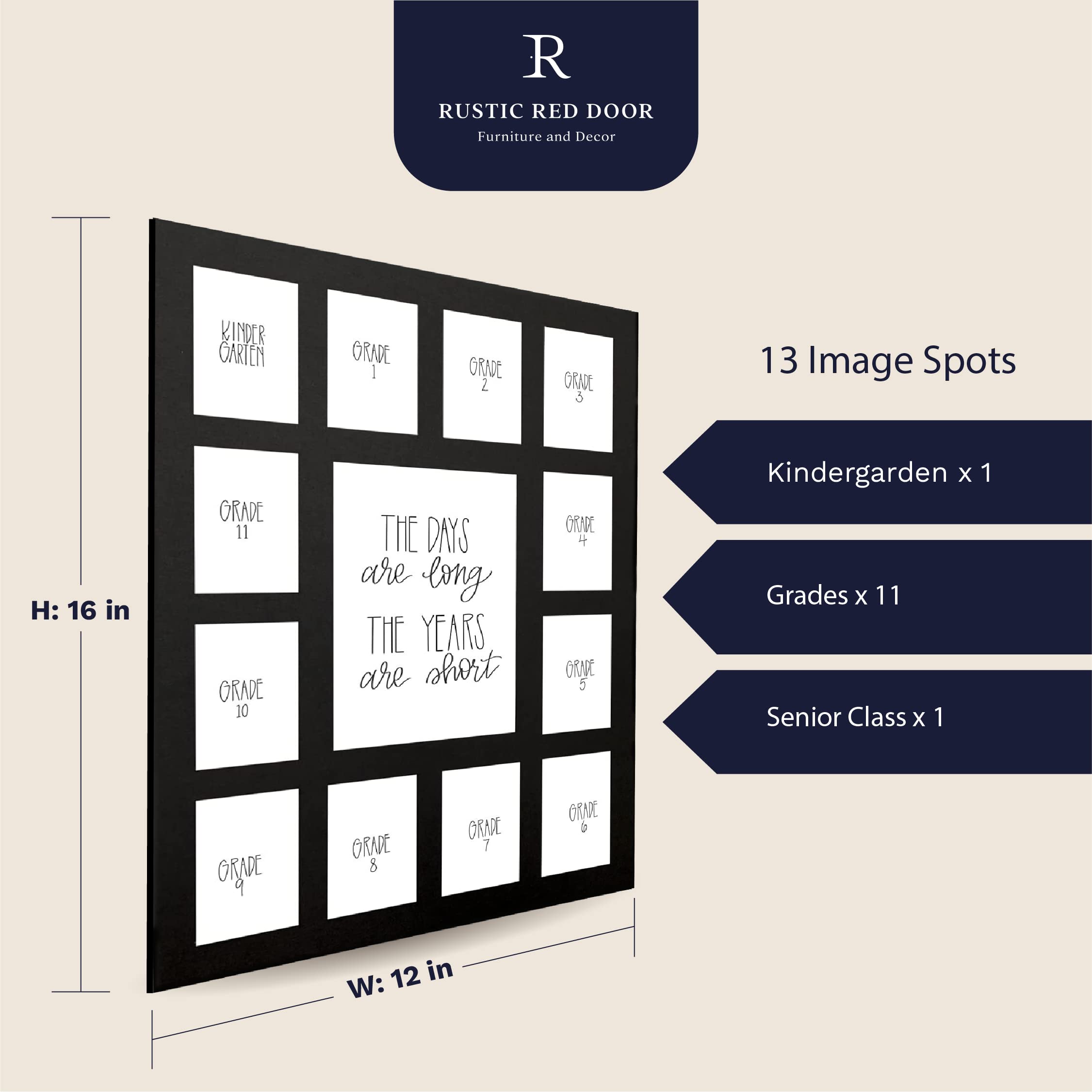 RRD School Years Photo Mat (12” x 16”) - Barnwood Frame Black Collage Picture Frame for K-12 School Pictures - Kindergarten to Graduation Memory Display with 13 Photo Spaces - Perfect for Classrooms, Home Décor & Graduation Gifts
