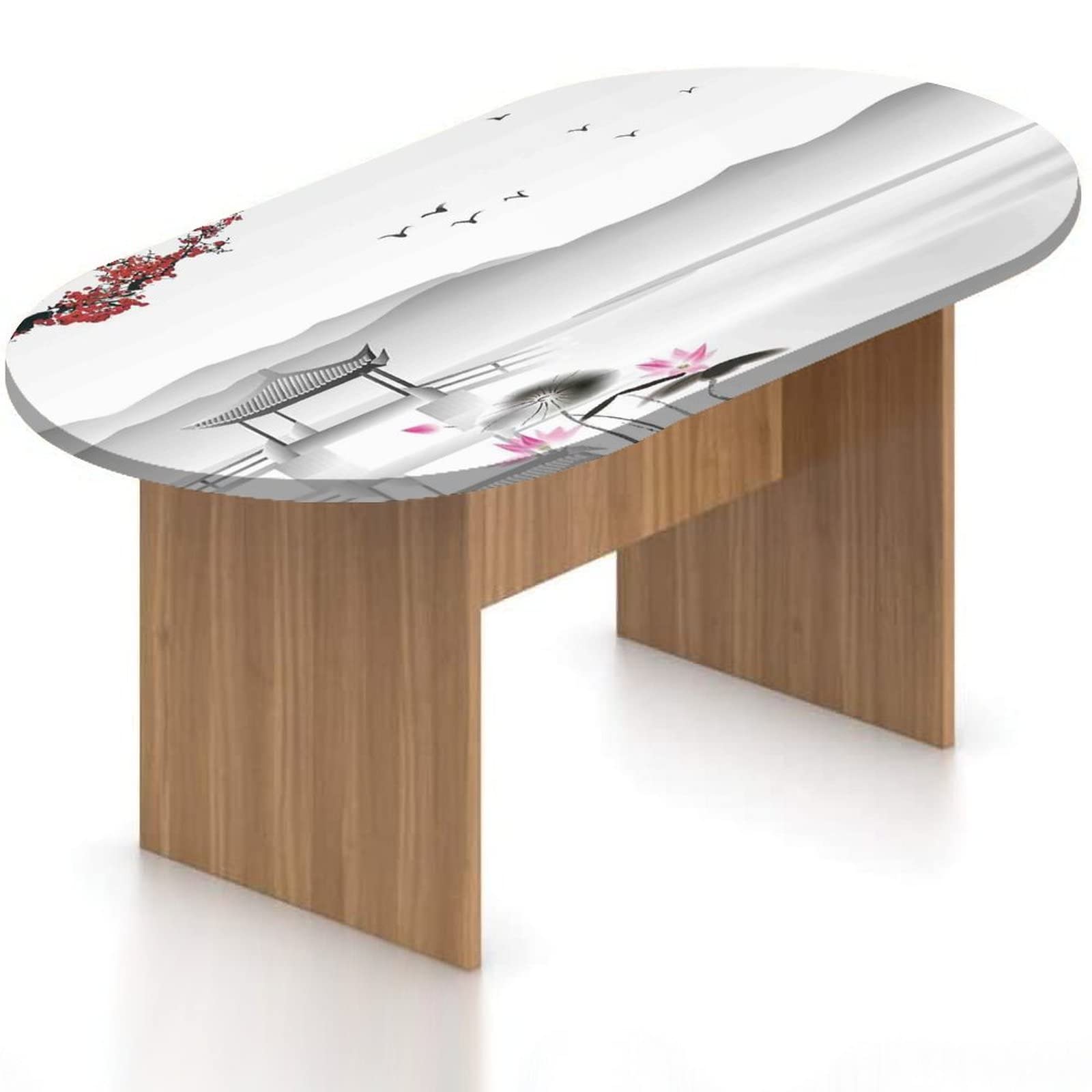 MIPSEC Waterproof Oval Fitted Patio Table Cover - Elastic Polyester Outdoor Tablecloth with Japanese Lotus & Bird Print - Fits 28x48 Inch Oval Tables for Garden, Deck & Backyard Dining