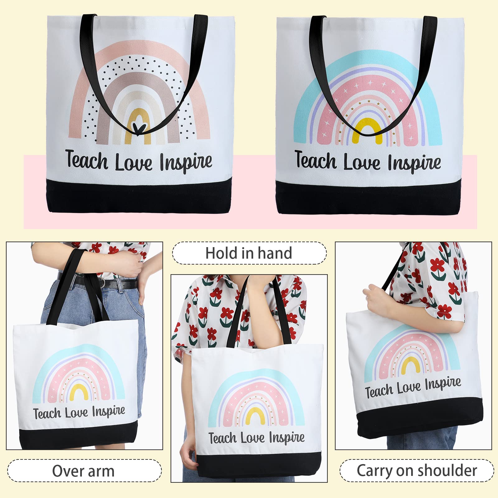 Jutom 2 Pack Teacher Tote Bags - Canvas Reusable Teacher Appreciation Gifts with Inspirational Quotes (Love, Teach, Inspire) - Rainbow Design for Women - Perfect for School, Work, Grocery Shopping & Beach Day