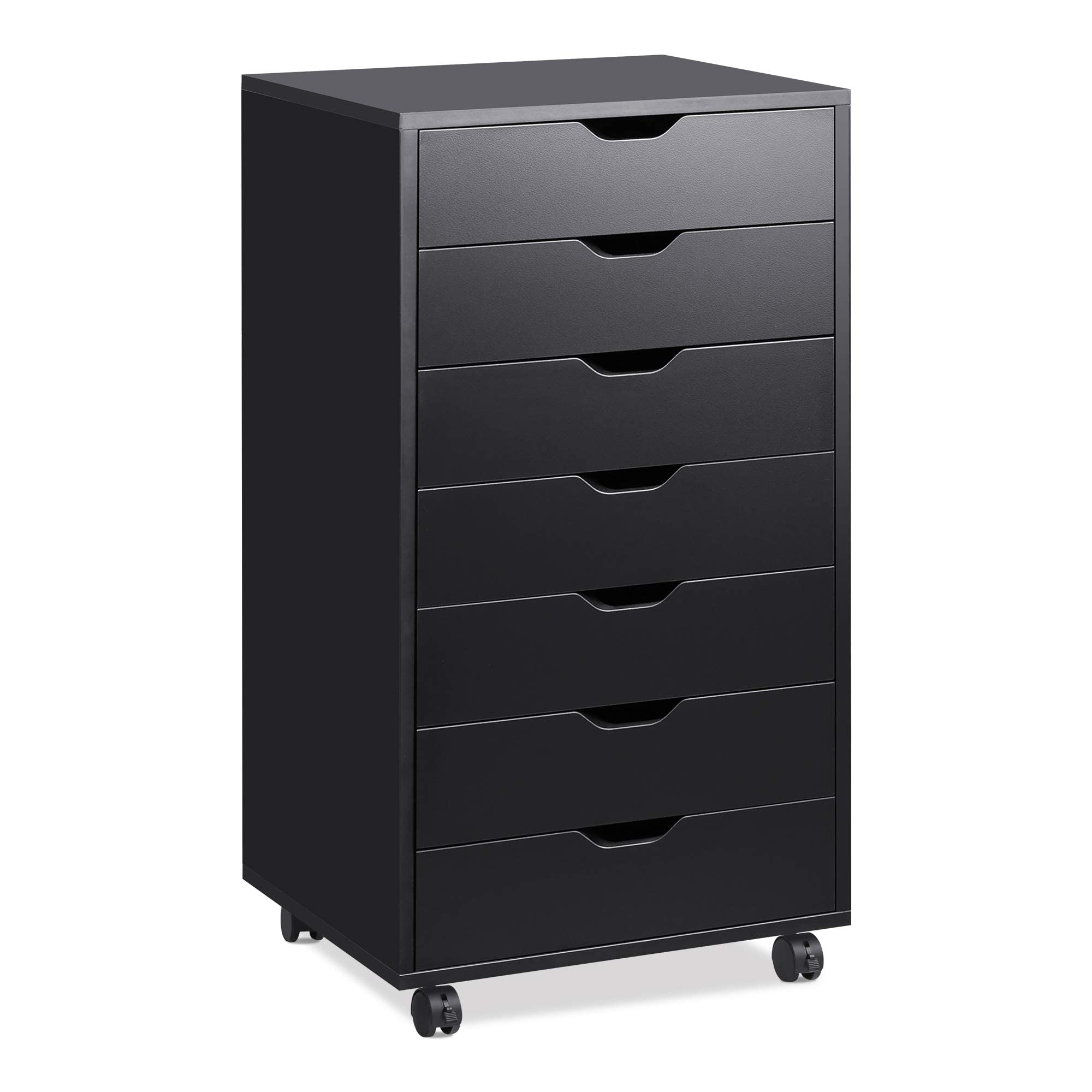 Modern 7-Drawer Tall Dresser with Rolling Casters - Black Makeup Storage Cabinet for Bedroom & Closet Organization | Sturdy Chest of Drawers with Smooth-Glide Wheels | Perfect for Cosmetics, Jewelry & Clothing Storage (DFASNG004WH)