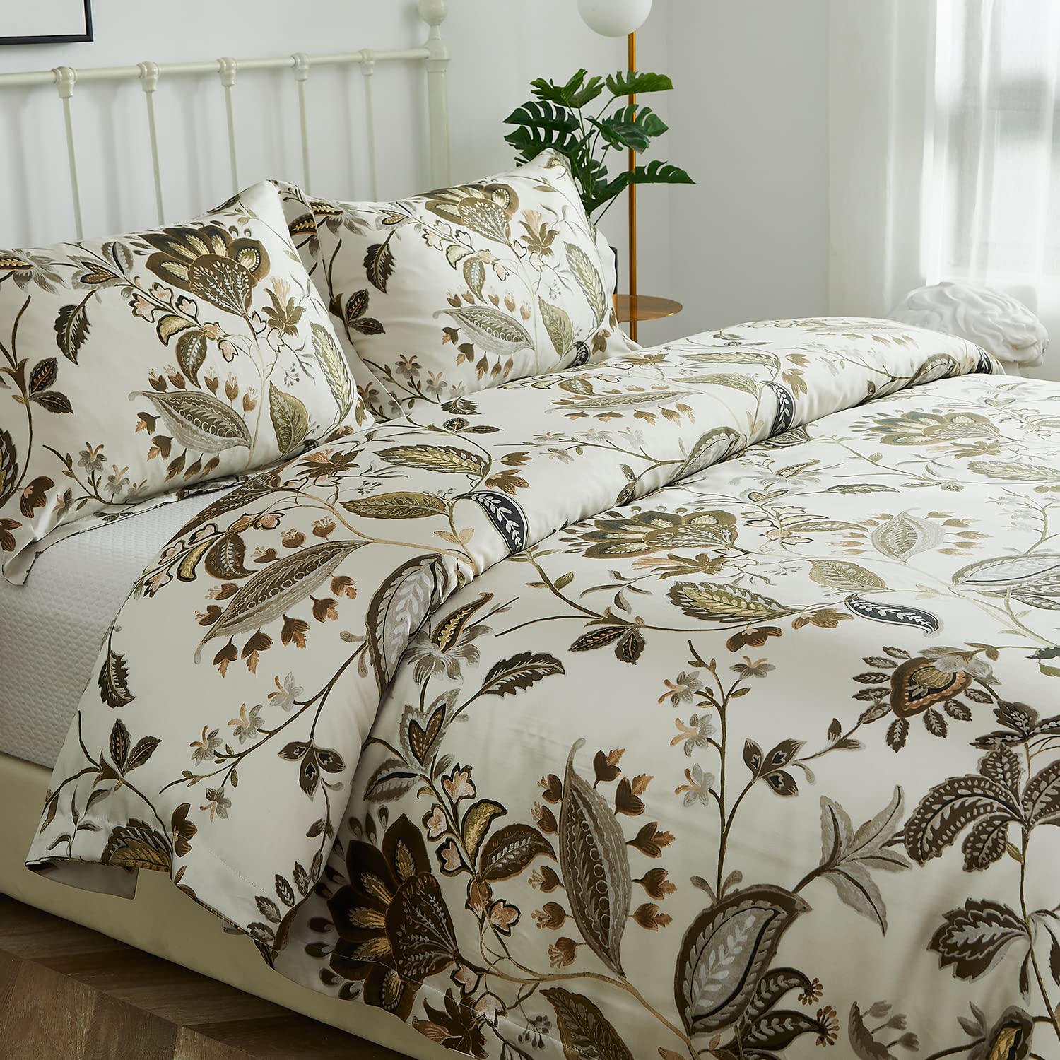 Softta Vintage Floral Leaves Bedding Set 3Pcs Queen Size - 100% Lyocell Tencel Cotton Duvet Cover with Hidden Zipper | Boho Damask Quilt Cover for Cozy Bedroom Decor | Perfect for Guest Rooms & Master Bedrooms