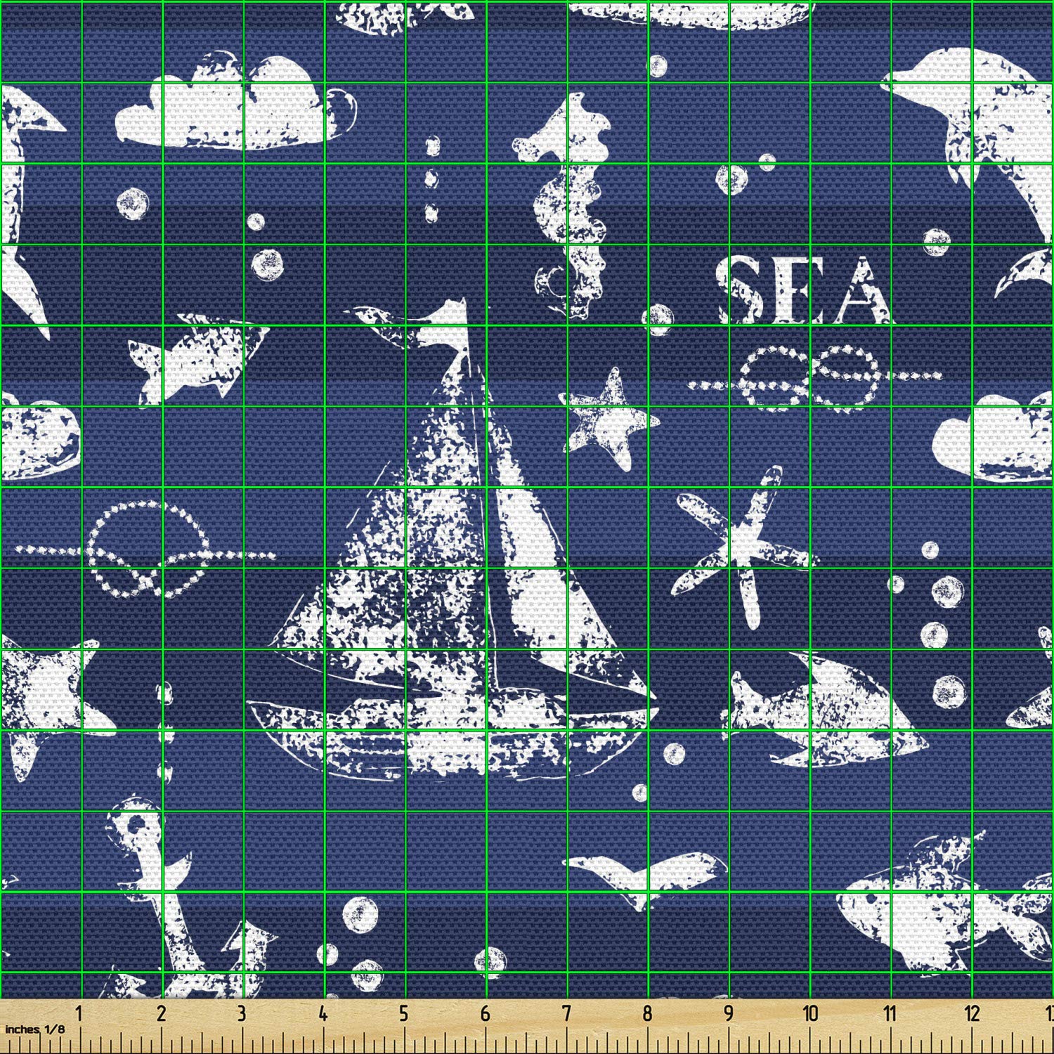 Ambesonne Navy Blue Sailboat Vertical Stripe Fabric by The Yard - Nautical Anchor Fish Seagull Design for Upholstery, Curtains & Home Decor - 10 Yards Blue Cream Cotton Material - Perfect for DIY Projects, Coastal Themed Bedrooms & Living Room Makeovers