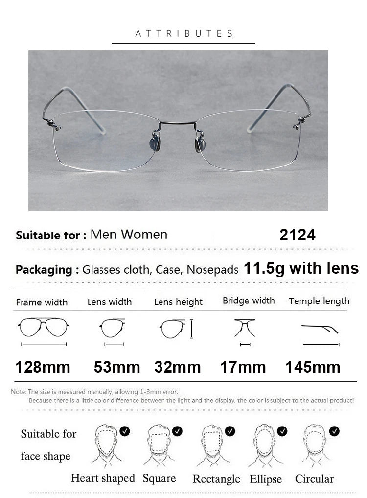 Unisex Rimless Rectangle Titanium Eyeglasses Frame 4214 - Lightweight & Durable for Work, Reading & Everyday Wear
