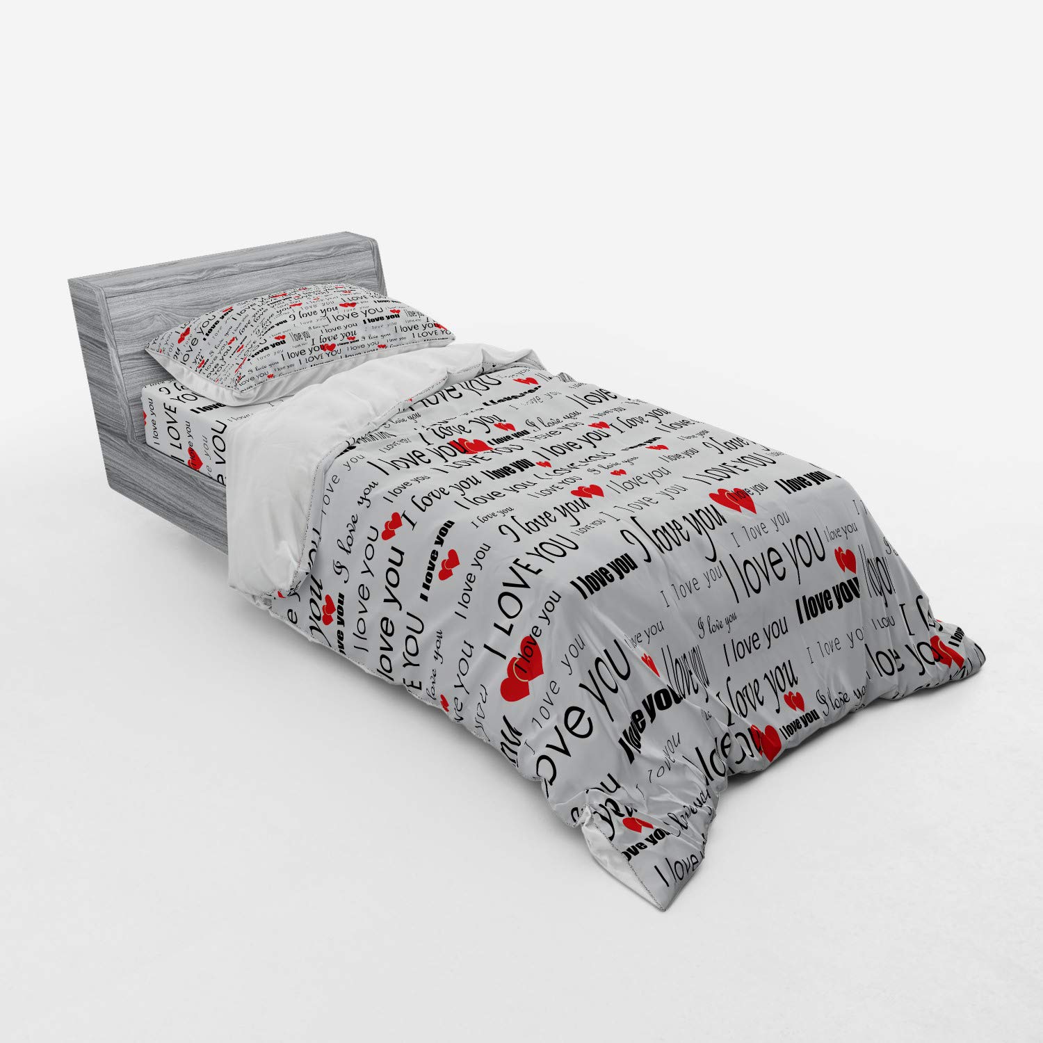 Ambesonne Romantic Bedding Set - 'I Love You' Hearts Design Duvet Cover with Sham & Fitted Sheet, 3-Piece Twin XL Size in Vermilion Black White | Valentine's Gift for Couples, Anniversary Present, Cozy Bedroom Decor