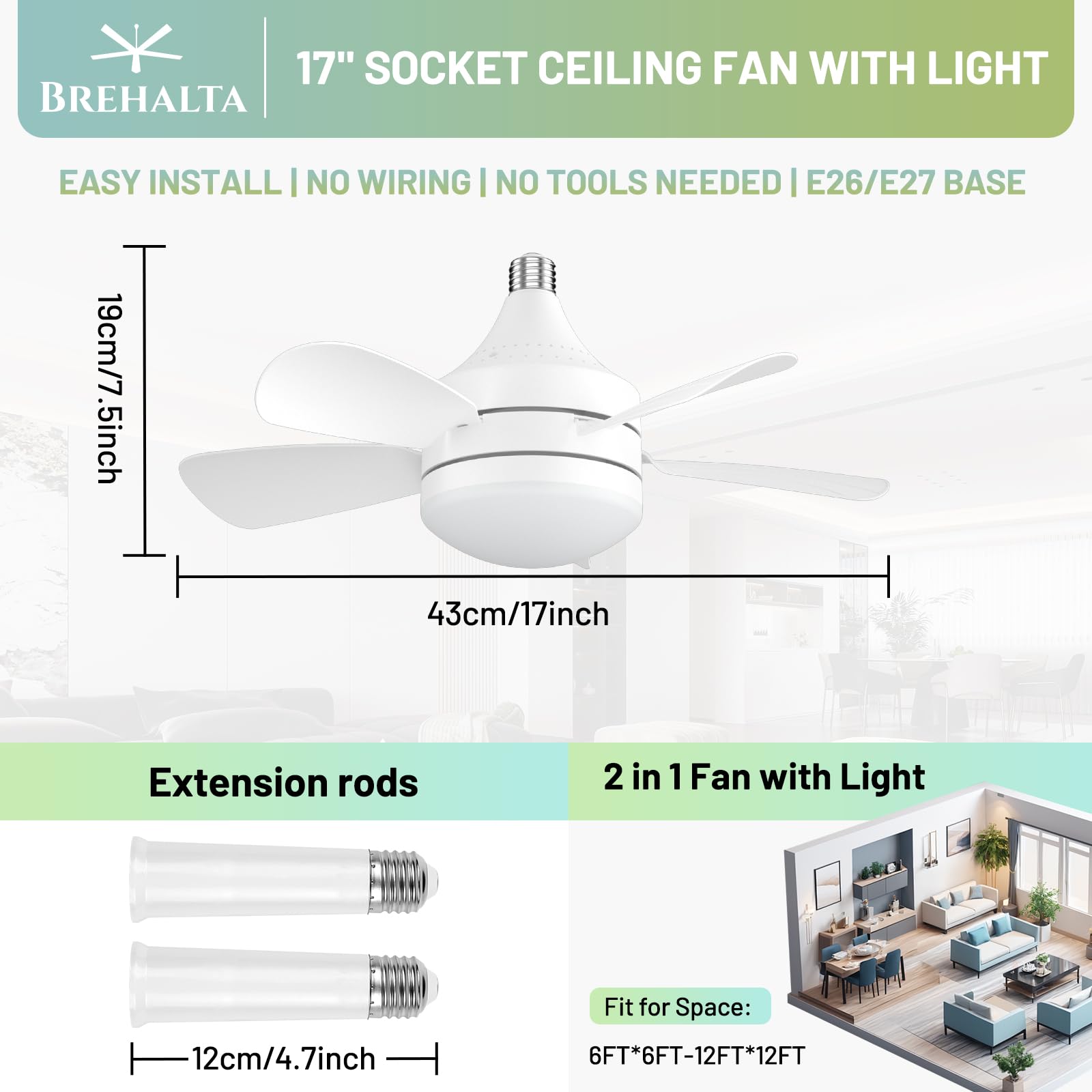 Remote Control Ceiling Fan with LED Light - 3 Color Temperatures (3000K-6500K), 3 Speed Settings, 2000LM Dimmable Bulb, Screw-In Socket Fan for Bedroom, Living Room, Kitchen & Garage - Perfect for Home Cooling and Ambient Lighting