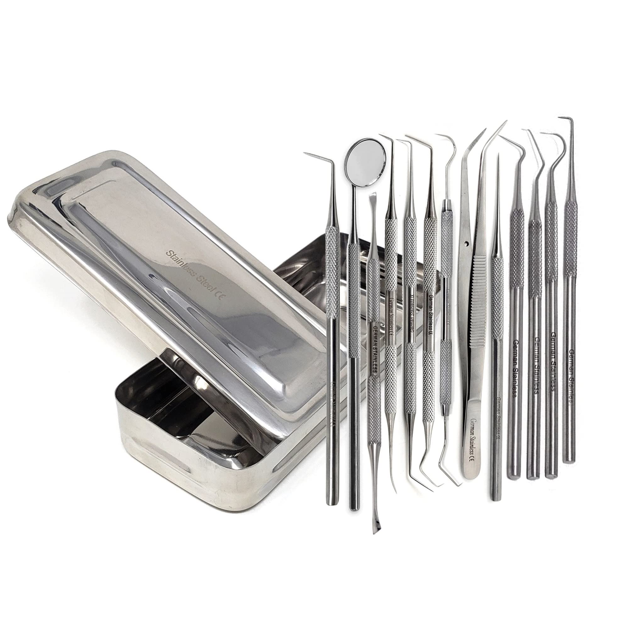 13-Piece Professional Dental Tool Kit - Stainless Steel Plaque & Tartar Remover with Double & Single Ended Explorer Probes - Sterilizable Instrument Case with Lid - Perfect for Dentists, Hygienists & Home Oral Care