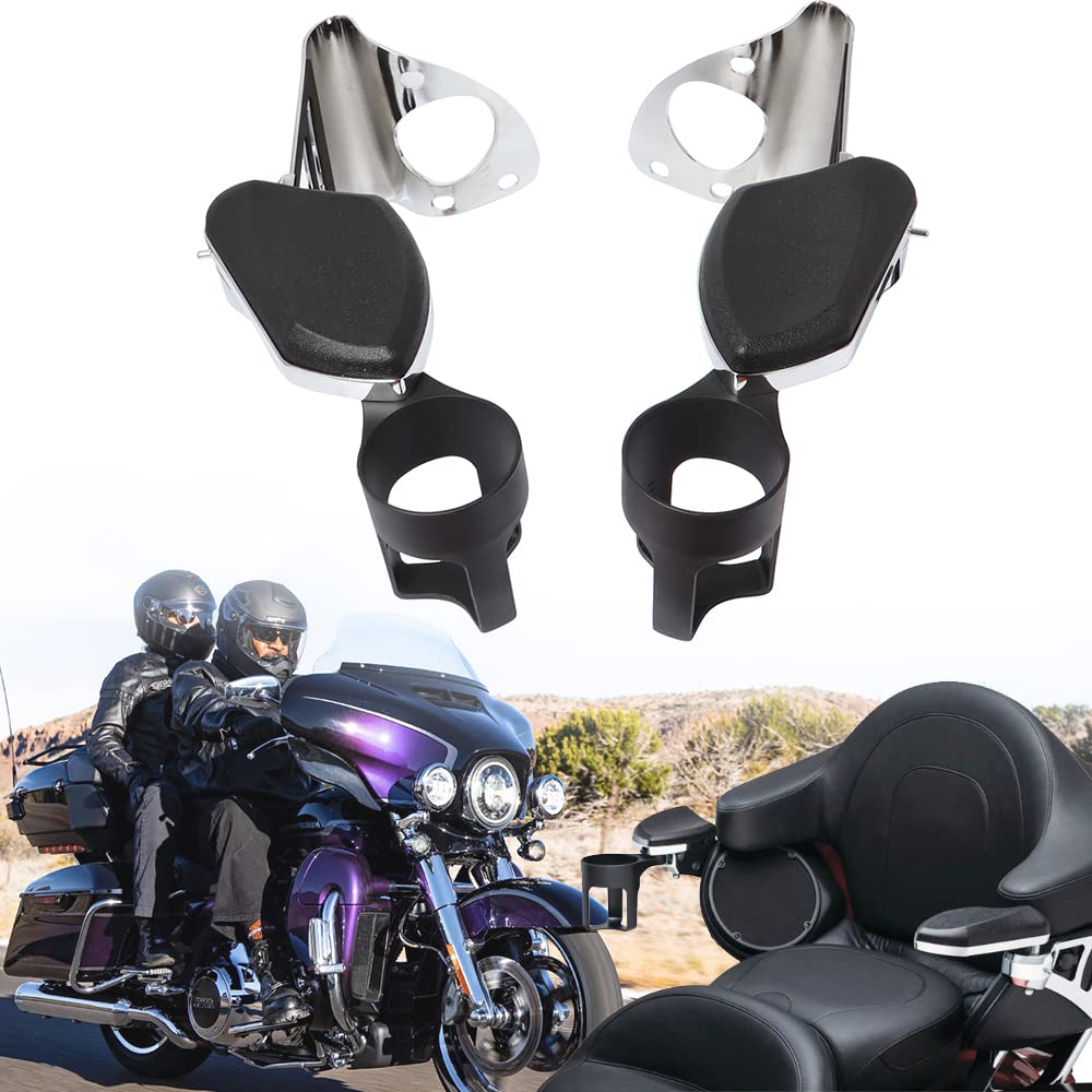 Motorcycle Chrome Passenger Armrests with Cup Holder for Harley Touring 2014-2021 Road Glide Ultra Electra Tri Glides - Comfortable Long Ride Accessories for Cruiser Bikes