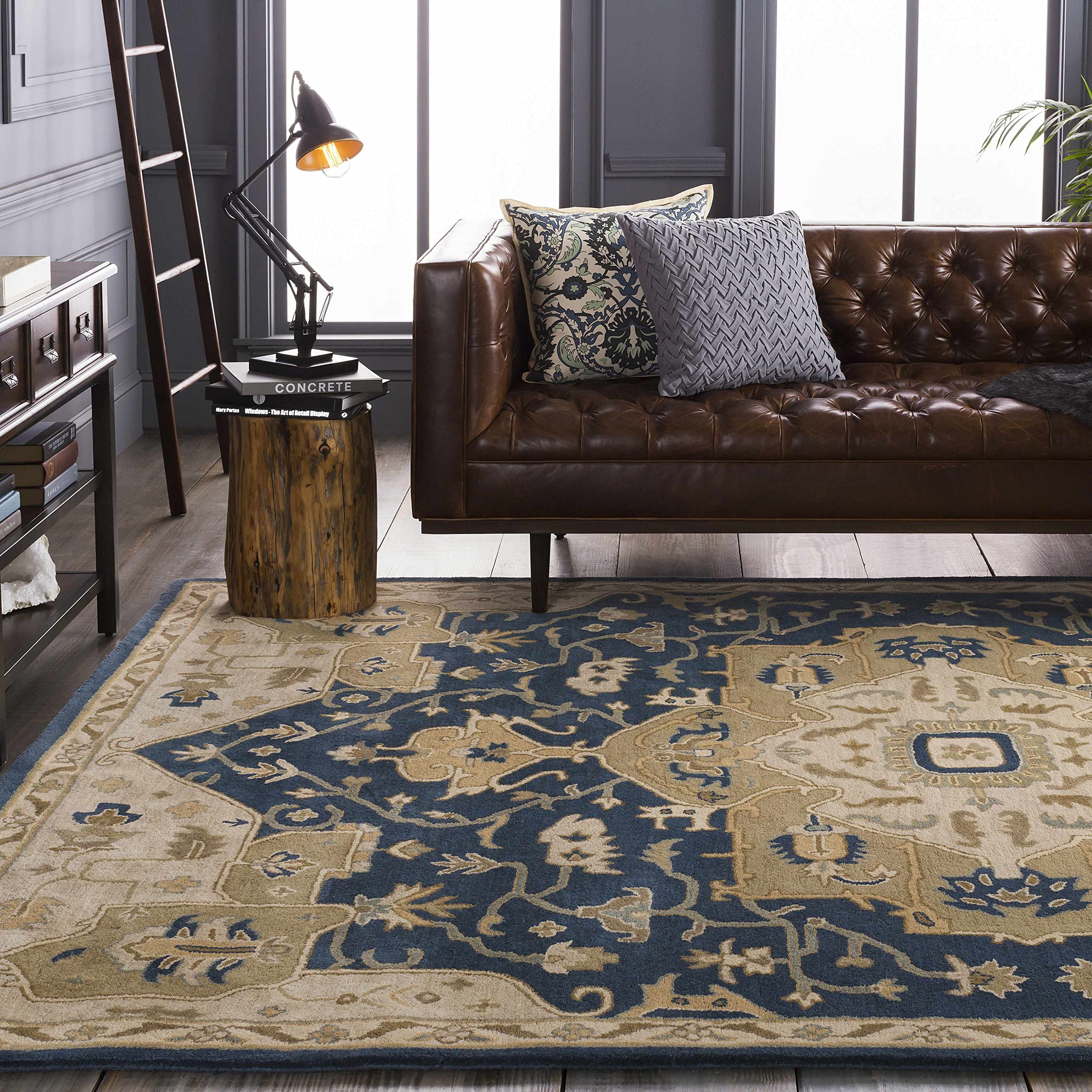 Premium Hauteloom Littleton Wool Area Rug 6' x 9' - Traditional Brown Blue Gray Handmade Rug for Living Room & Bedroom - Soft Durable Floor Covering for Home Decor, Cozy Comfort Underfoot
