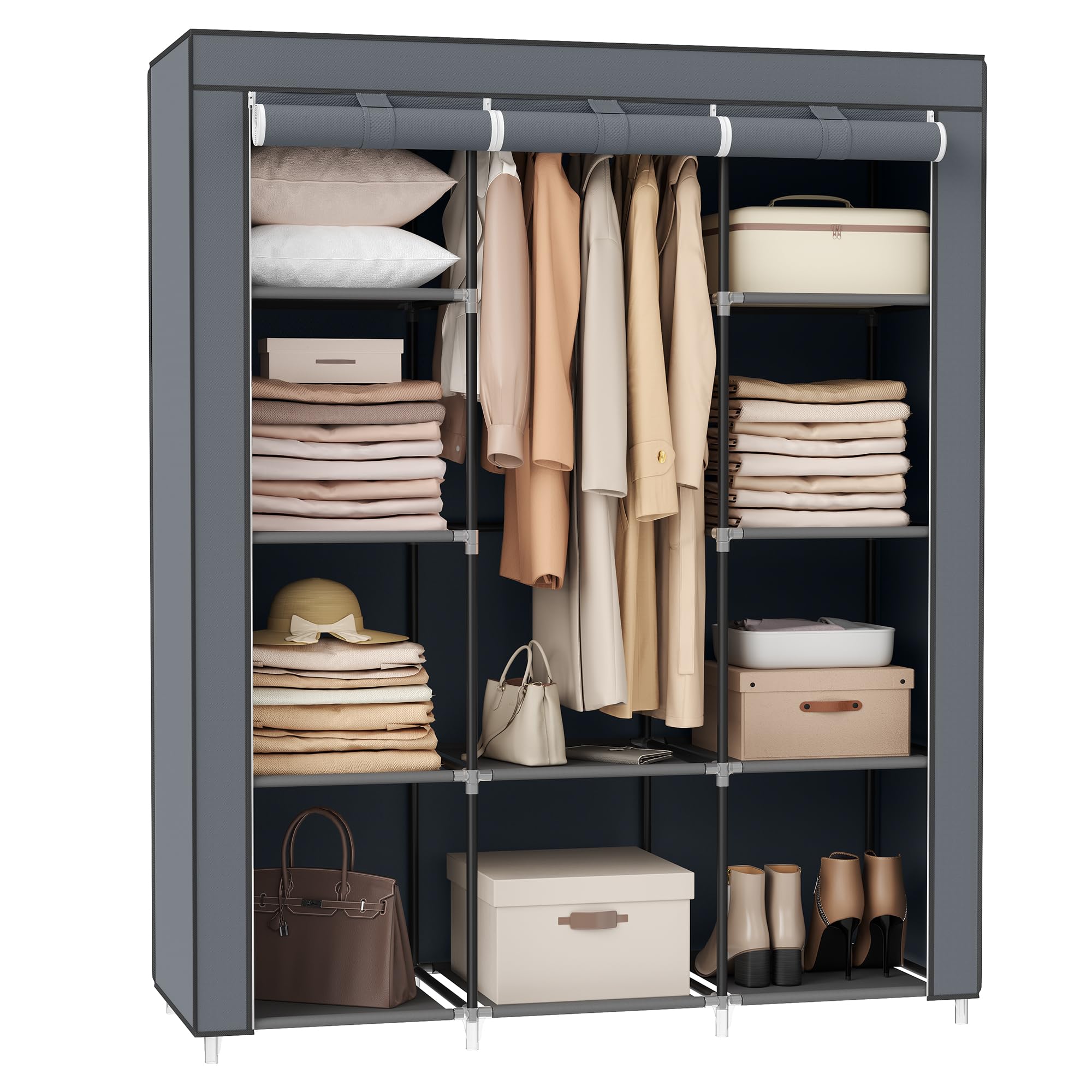 SONGMICS Portable Closet Organizer - 10-Shelf Wardrobe with Hanging Rail, Non-Woven Fabric Storage Cabinet, Sturdy Metal Frame (51