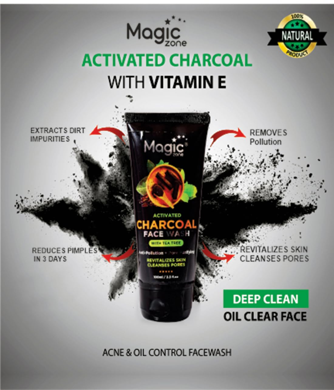 Magic Zone Activated Charcoal Face Wash 100ml - Deep Cleansing for Oily Skin, Reduces Pimples & Blackheads, Removes Dead Skin Cells, Cooling Freshness with Charcoal Beads for Instant Radiance | Perfect for Daily Skincare & Acne Treatment