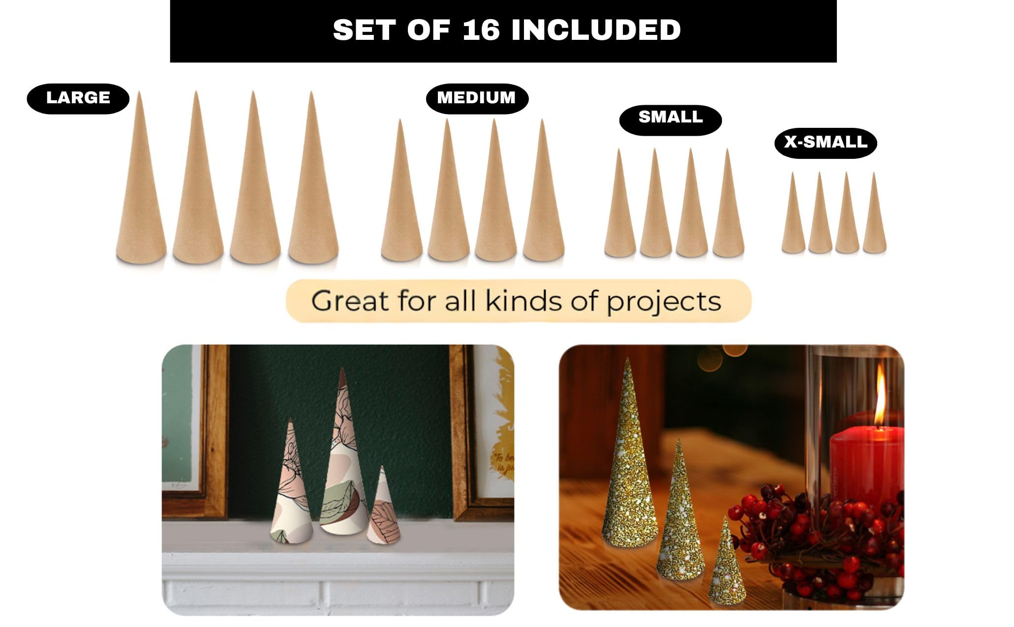 16-Piece Paper Mache Craft Cones Set - Open Bottom Cardboard Cones for DIY Gnomes, Ornaments & Tree Decorations (4 Sizes: 13.75x5