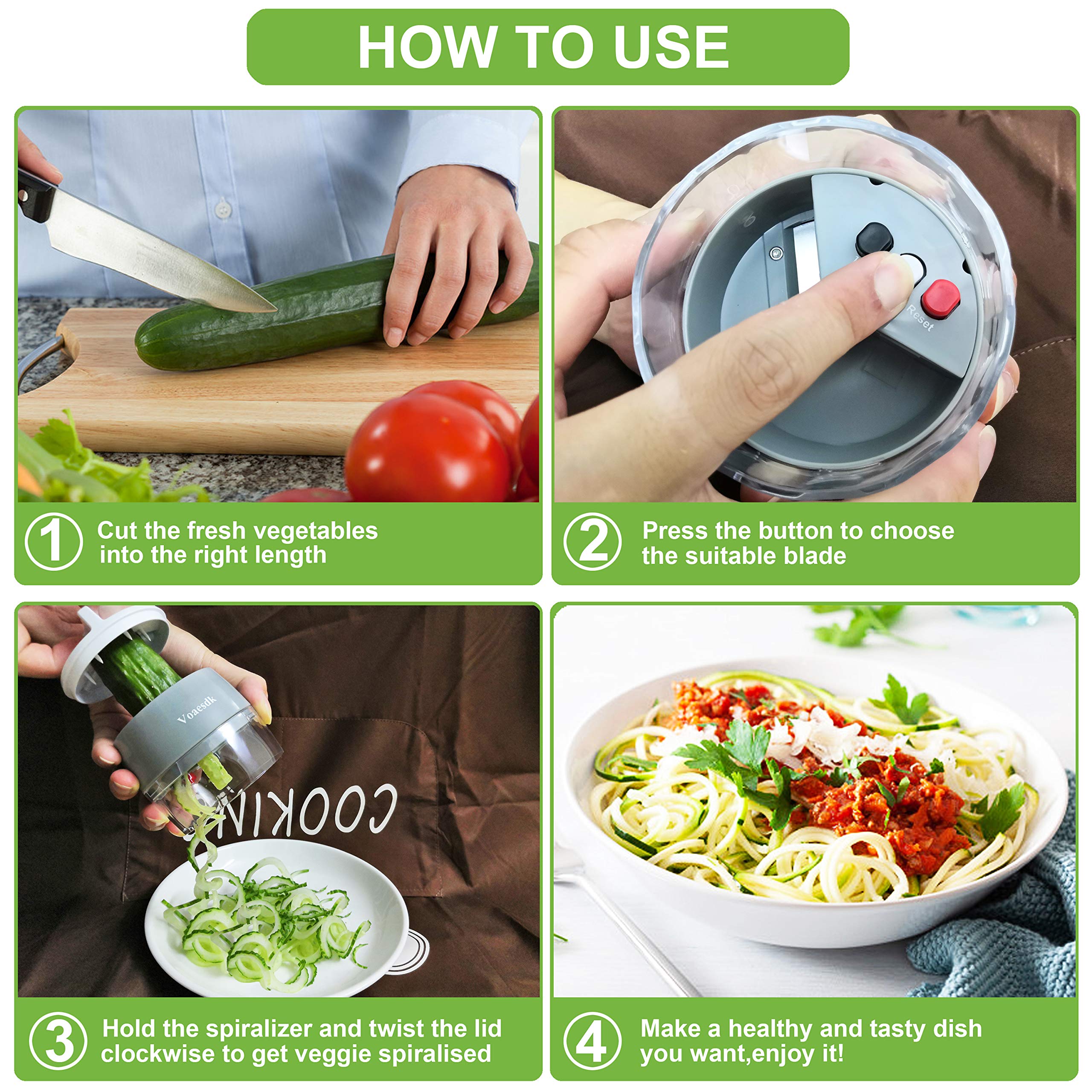 4-in-1 Heavy Duty Handheld Spiralizer Vegetable Slicer - Zucchini Spaghetti Maker for Carrots, Cucumbers, Onions & Fruits - Perfect for Salads, Pasta Dishes & Healthy Snacks (Gray)