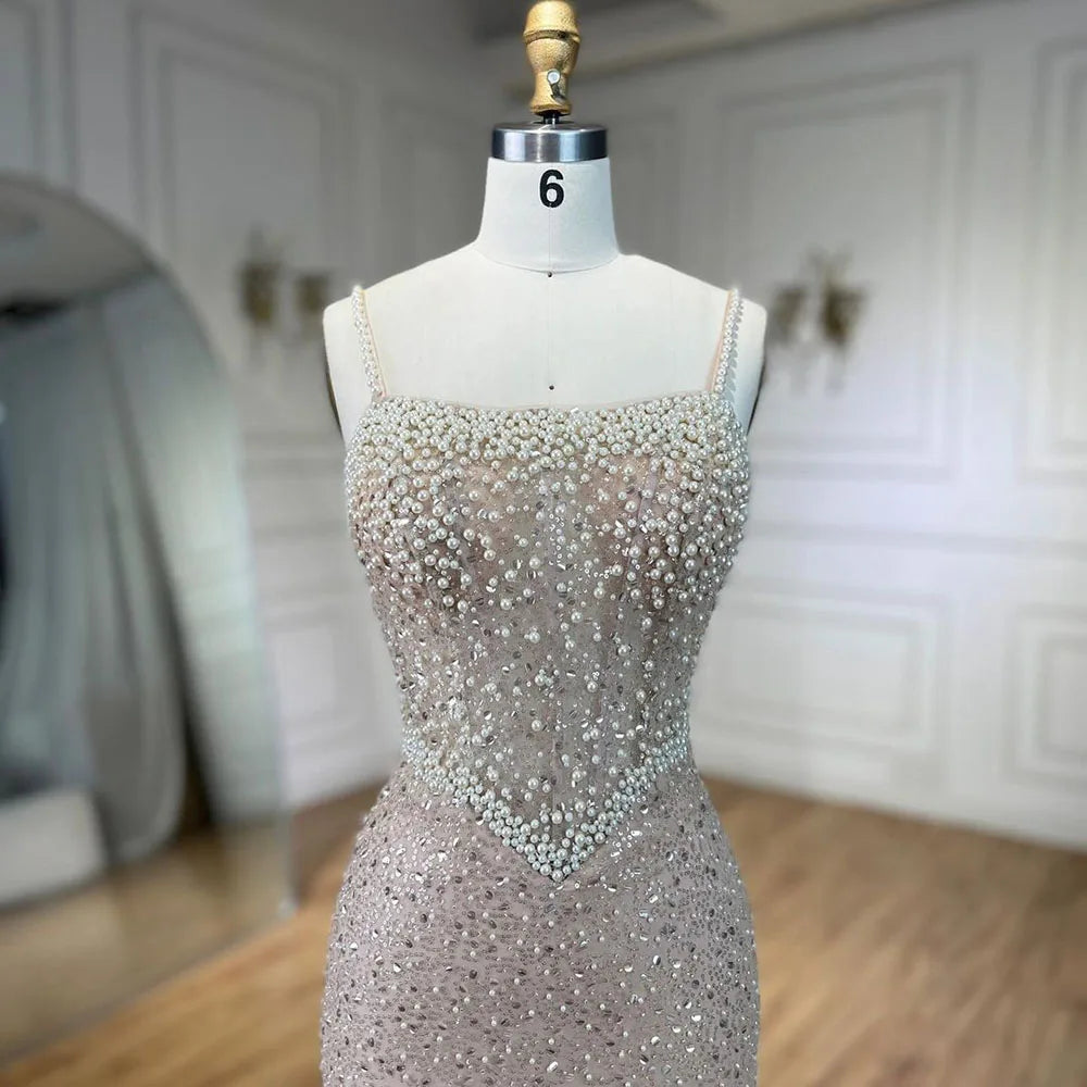 Elegant Nude Mermaid Evening Gown with Pearl Beading - Luxurious Women's Wedding Dress for Bride, Prom, Gala & Special Occasions | LA72321