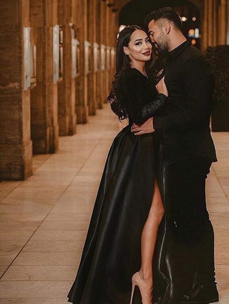 Honeydress Women's V-Neck Velvet Prom Dress Long Sleeve Formal Evening Gown with Pockets - Dark Purple for Homecoming, Wedding Guest, Cocktail Party & Special Occasions
