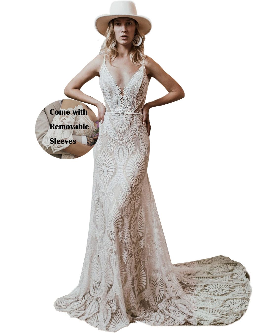 Boho Lace Wedding Dress with Long Sleeves | Deep V-Neck Backless Sheath Gown | Bohemian Bridal Dress for Beach, Garden & Outdoor Weddings
