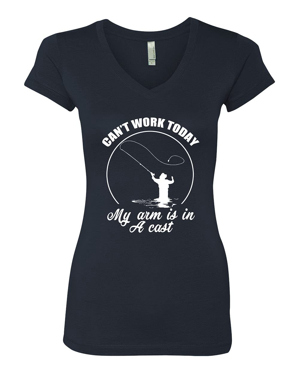 Funny Fishing V-Neck T-Shirt for Women - 'Can't Work Today My Arm is in A Cast' Graphic Tee - Comfortable Junior Fit Casual Top for Fishing Enthusiasts & Outdoor Activities