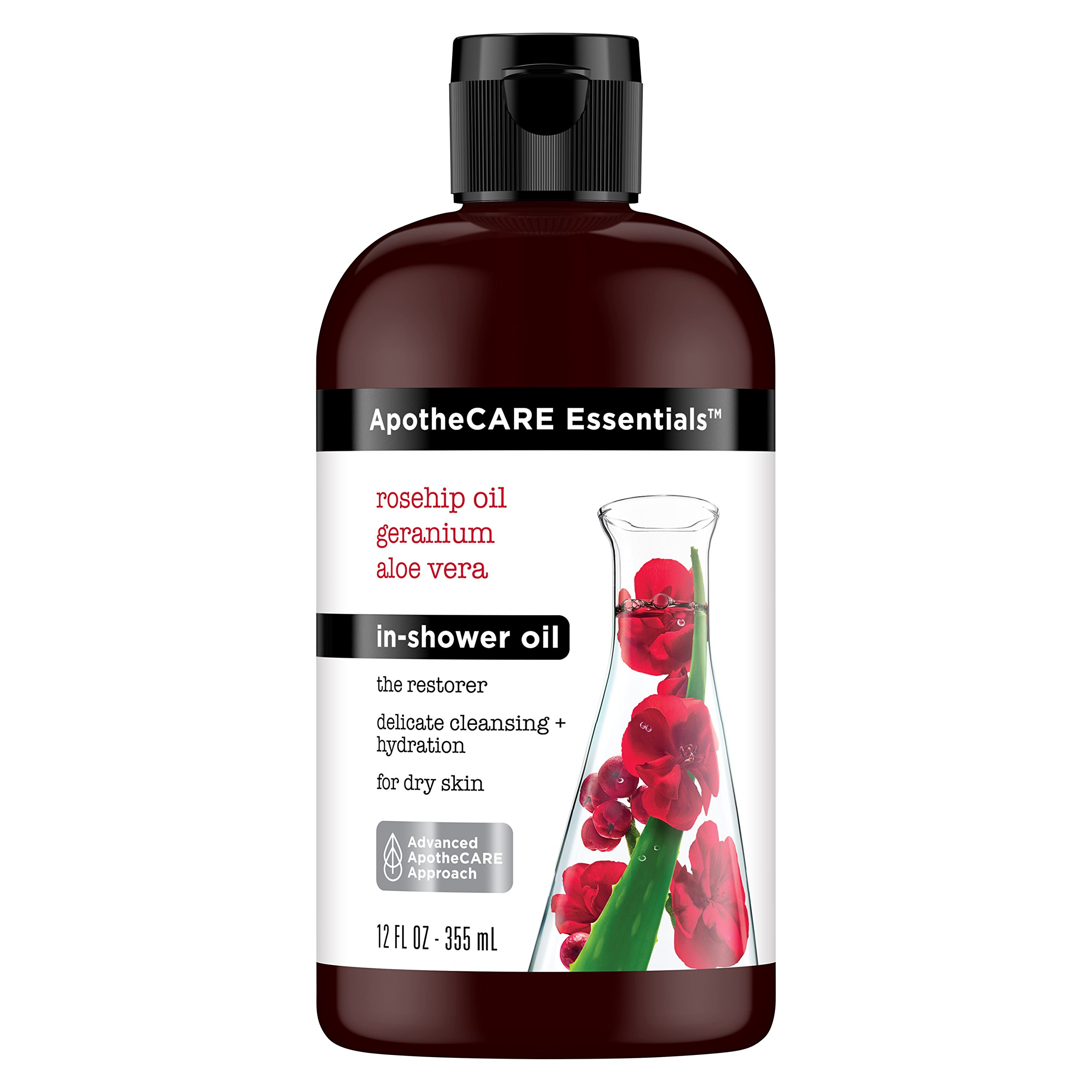 ApotheCARE Essentials The Restorer In-Shower Body Oil with Rosehip Oil, Geranium & Aloe Vera - 12 oz Hydrating Moisturizer for Dry Skin | Post-Shower Skincare & Relaxing Bath Routine