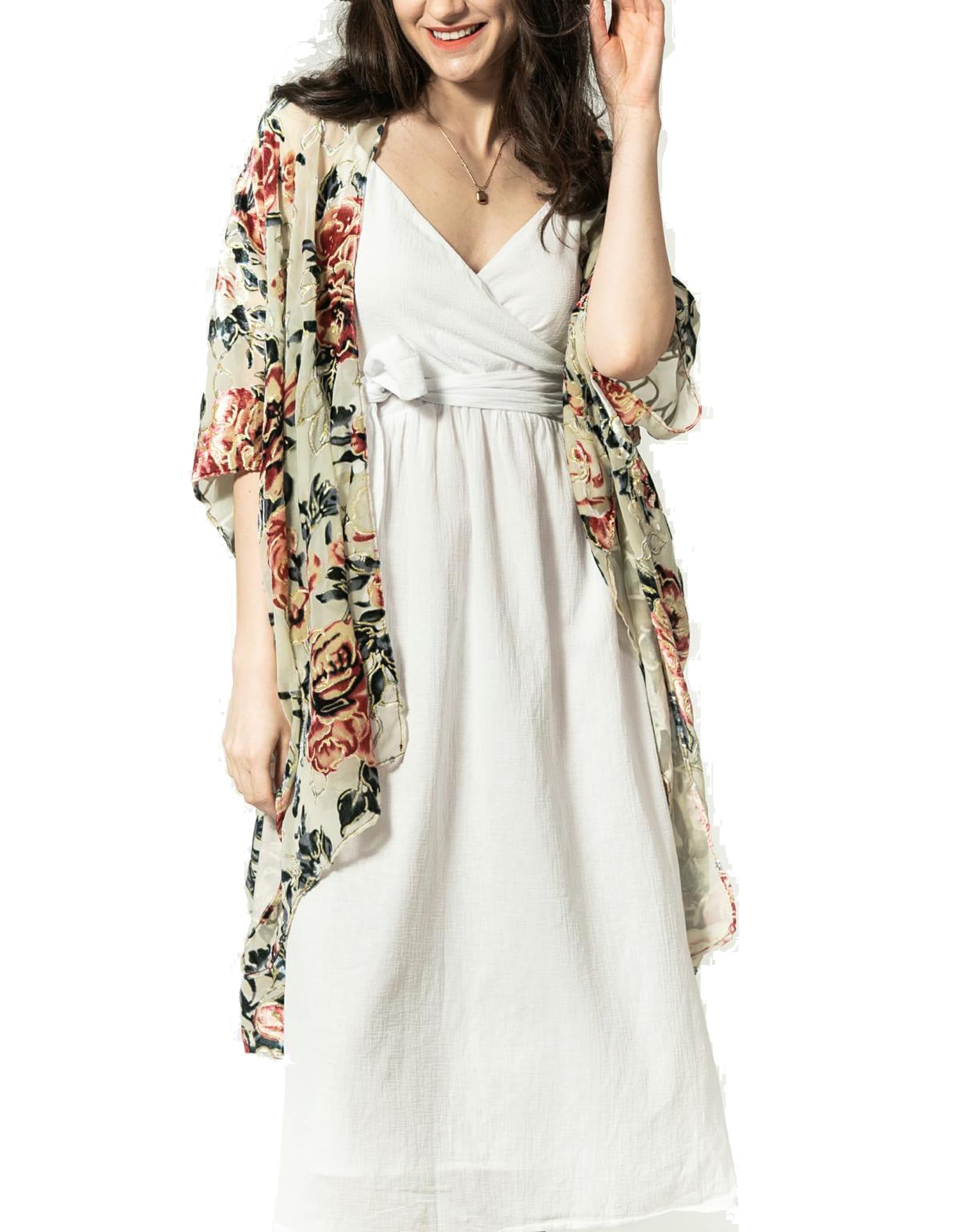 Women's Velvet Kimono Cardigan - Long Swimsuit Cover Up with Peonies & Gold Trim, Free Size, Beach Wrap, Easter Gift - Perfect for Poolside, Vacation, and Spring Celebrations