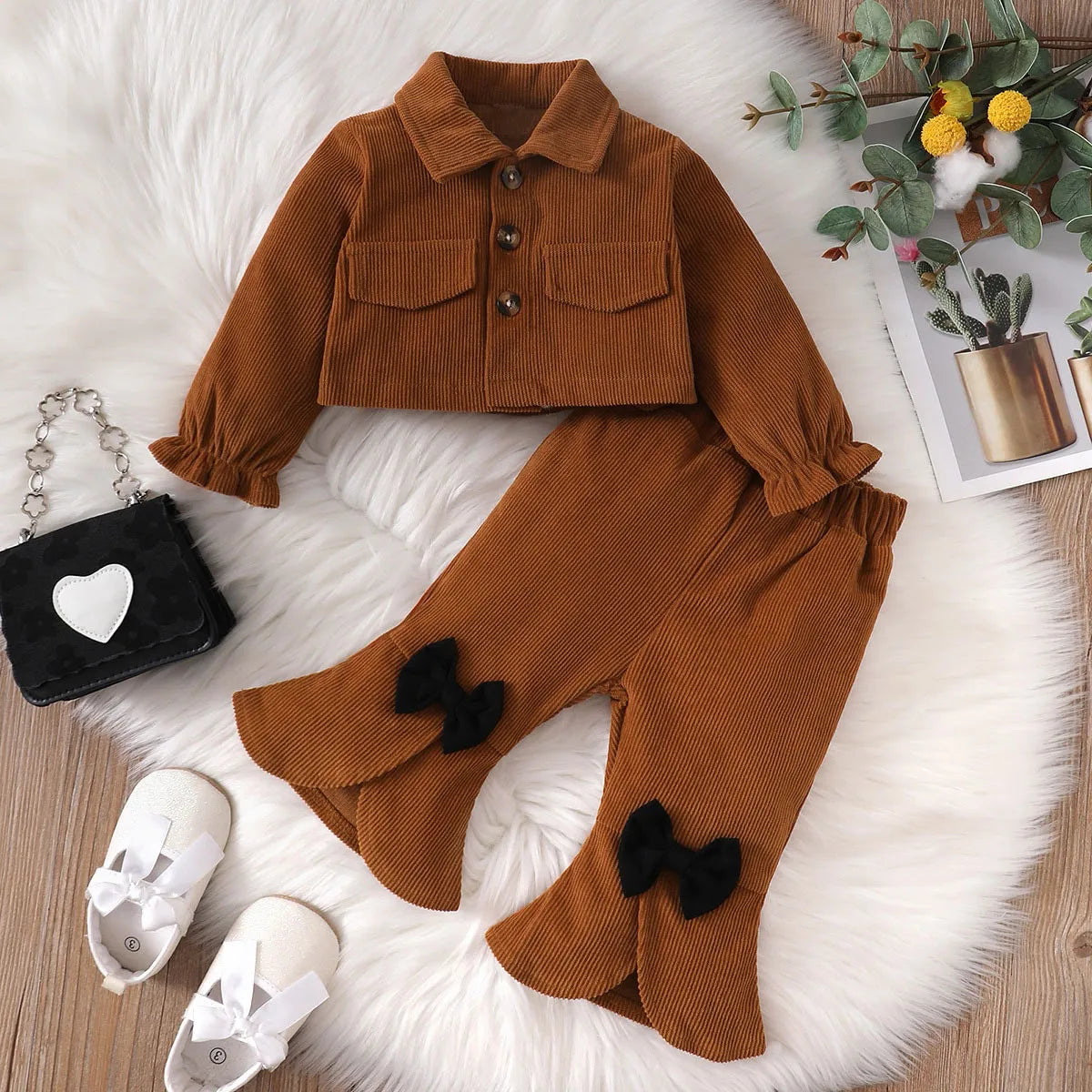 0-2 Year Old Baby Girls' Brown Long Sleeve Cardigan & Bow Pants Set - Winter Fashion Outfit for Newborns & Toddlers - Perfect for Fall/Winter Dressing, Photo Shoots & Special Occasions