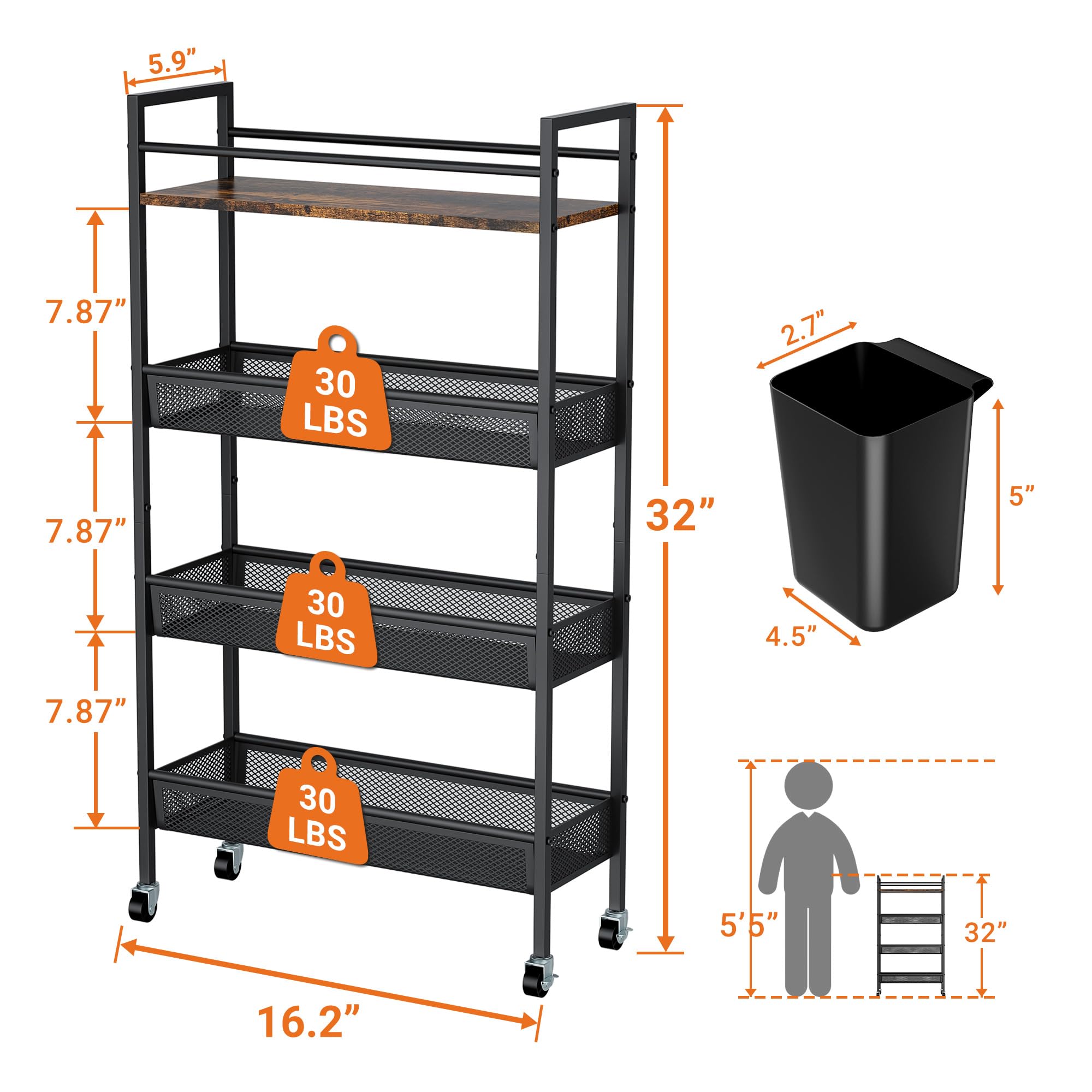 Dunatou 4-Tier Slim Rolling Kitchen Cart - 5.9
