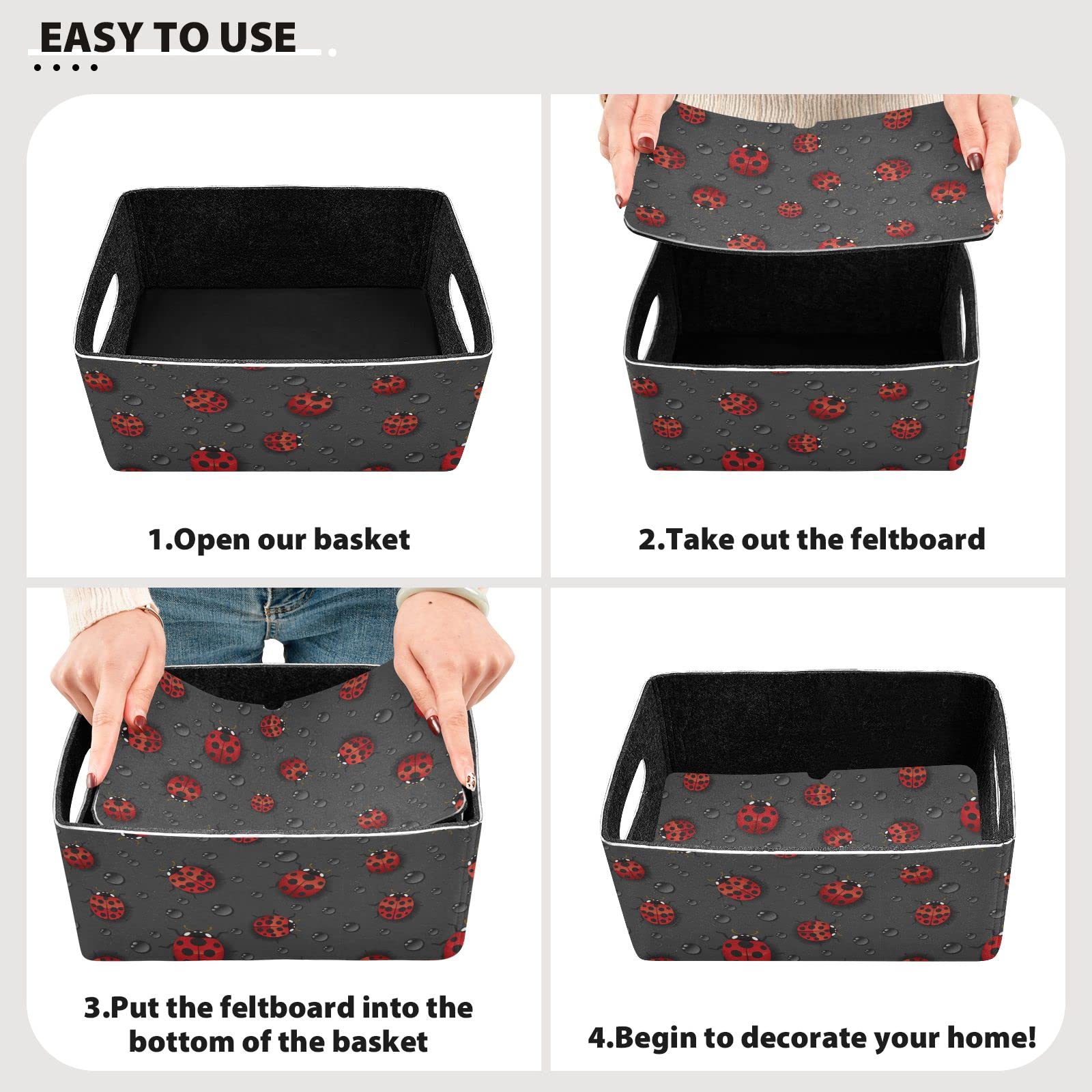 Emelivor Red Ladybugs Storage Basket Bins Set (2pcs) - Foldable Felt Organizer Bins with Handles for Nursery, Kids Room, Clothes & Toys - Perfect for Home Organization, Toy Storage & Closet Organization