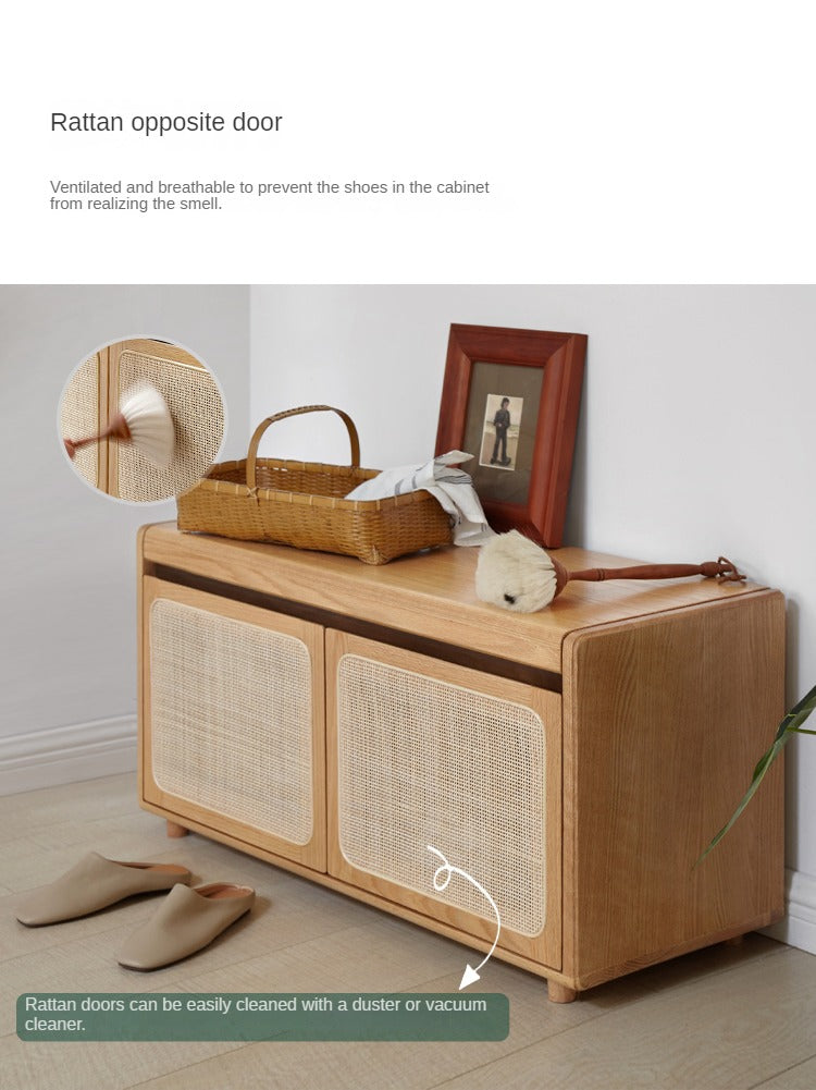 Solid Oak Wood Shoe Storage Bench with Rattan Design - Entryway Organizer for Shoes, Hats & Bags - Perfect for Hallway, Bedroom or Mudroom Decor