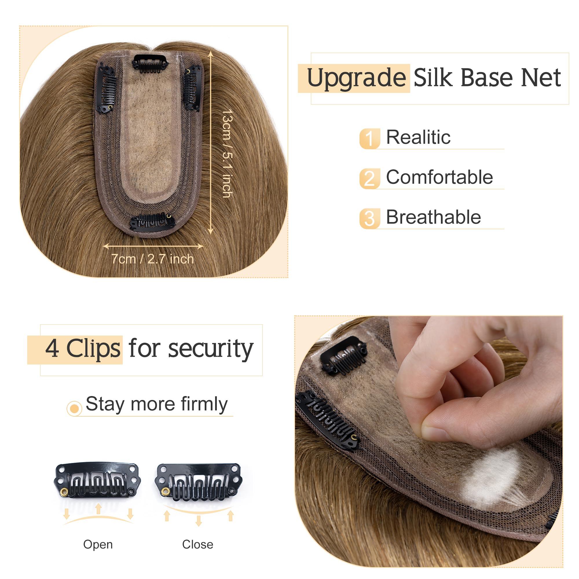 SEGO 100% Real Human Hair Toppers for Women with Thinning Hair - 7x13cm Silk Base Clip-in Top Wiglet, 18 Inch No Bangs Light Brown - Perfect for Daily Wear, Parties & Special Occasions