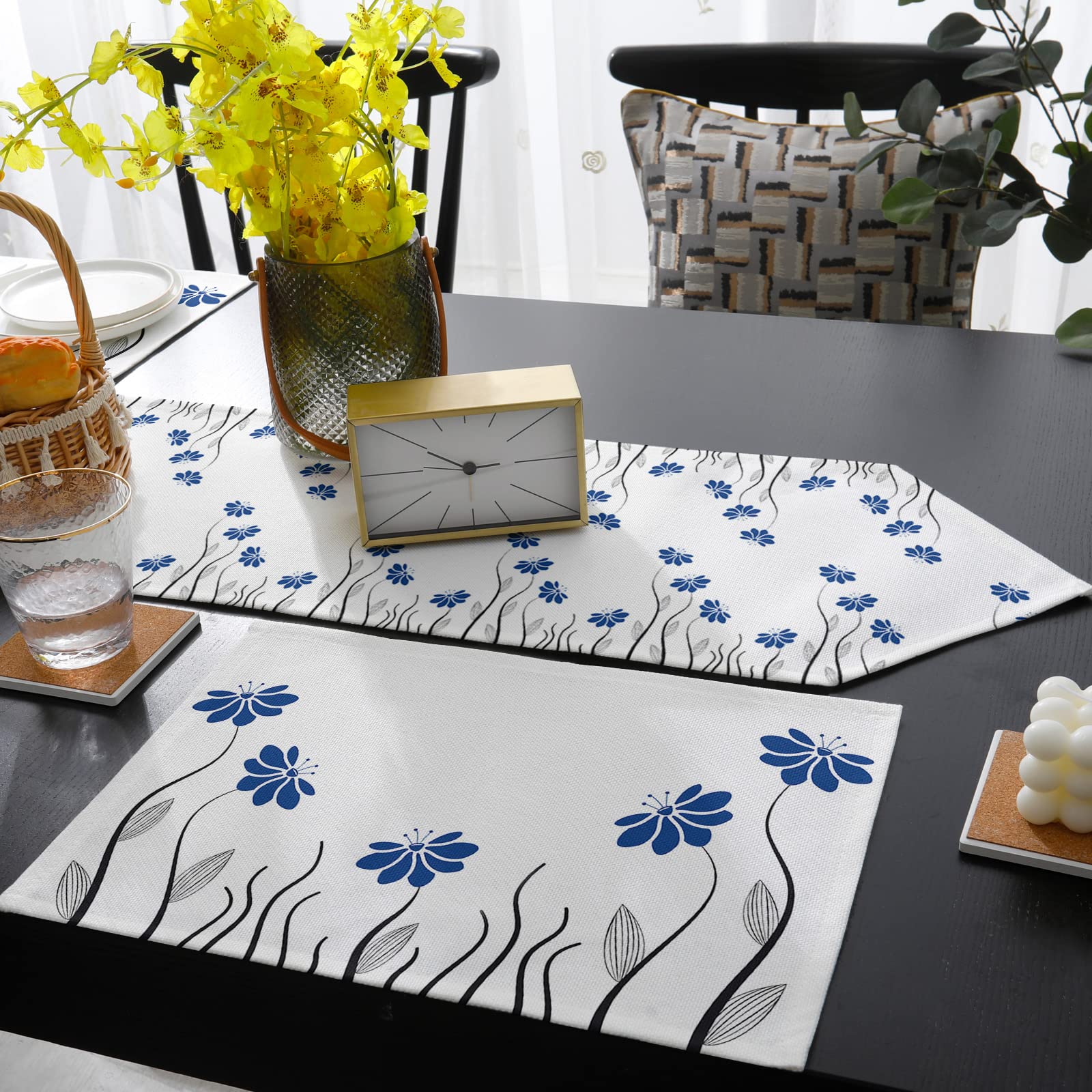 6-Piece Non-Slip Washable Table Runner Set - 13x90 Inch Floral Table Mat for Kitchen, Dining & Coffee Tables - Blue Artistic Flower Design - Perfect for Home Decor, Parties & TV Stand Decoration