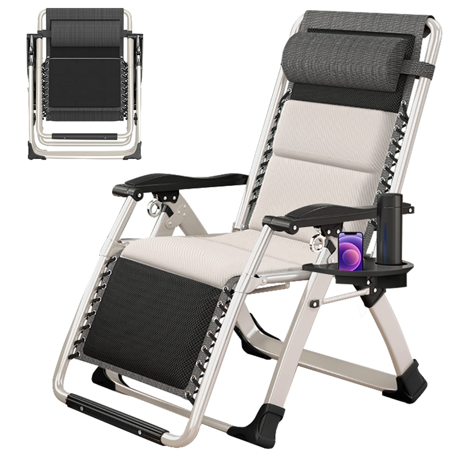 FICISOG Adjustable Zero Gravity Chair with Ergonomic Design - Portable Outdoor Folding Chaise Lounge for Patio, Poolside & Camping - Heavy Duty 440lbs Capacity - Beige Recliner for Ultimate Relaxation