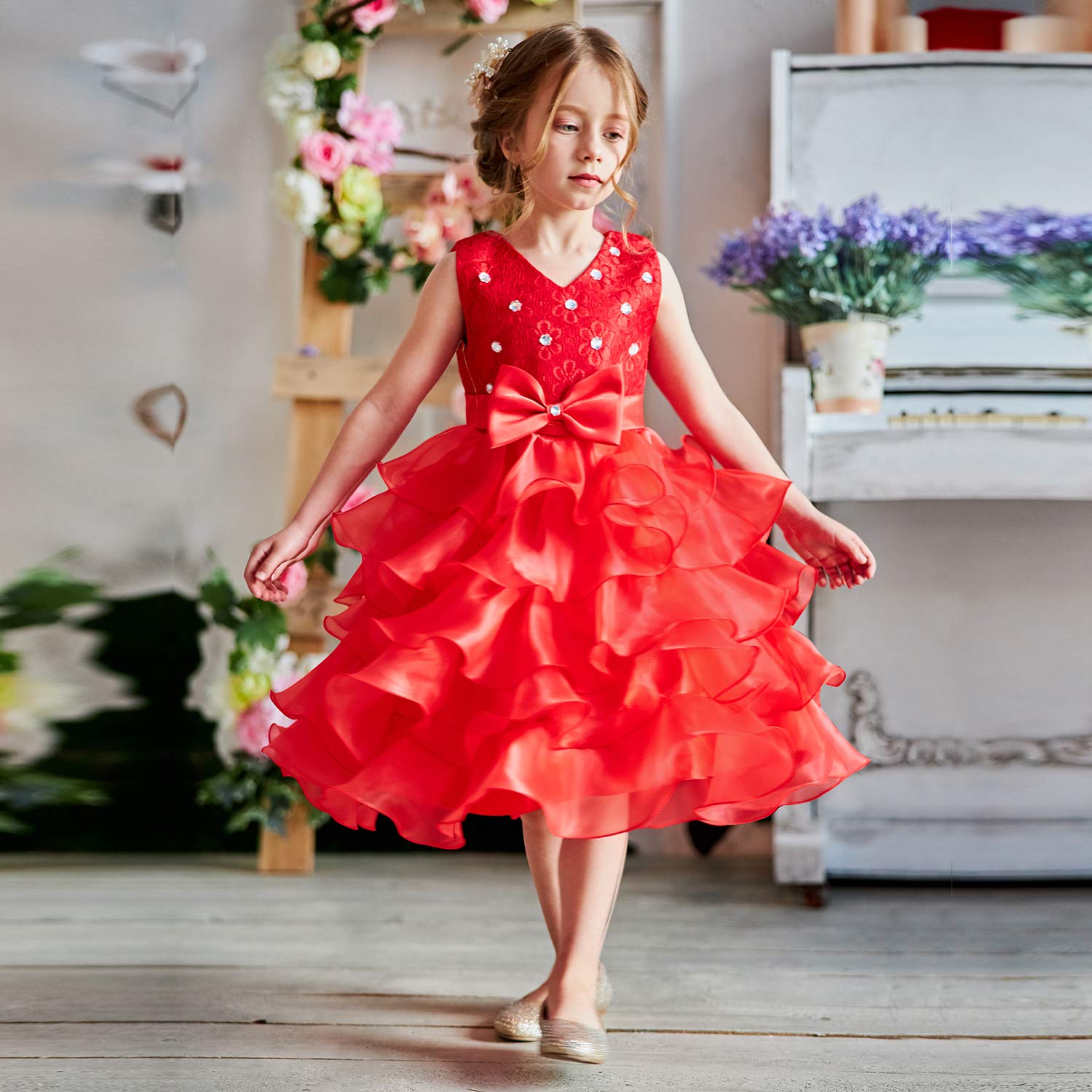 NNJXD Girls Lace Ruffle Party Dress for Kids - Elegant Flower Girl Wedding Dresses | Perfect for Birthday Parties, Pageants & Special Occasions