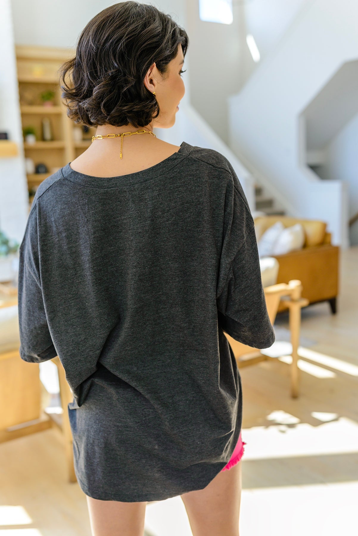 Stylish Boxy V-Neck Boyfriend T-Shirt in Charcoal - Casual Comfort for Everyday Wear & Weekend Outfits