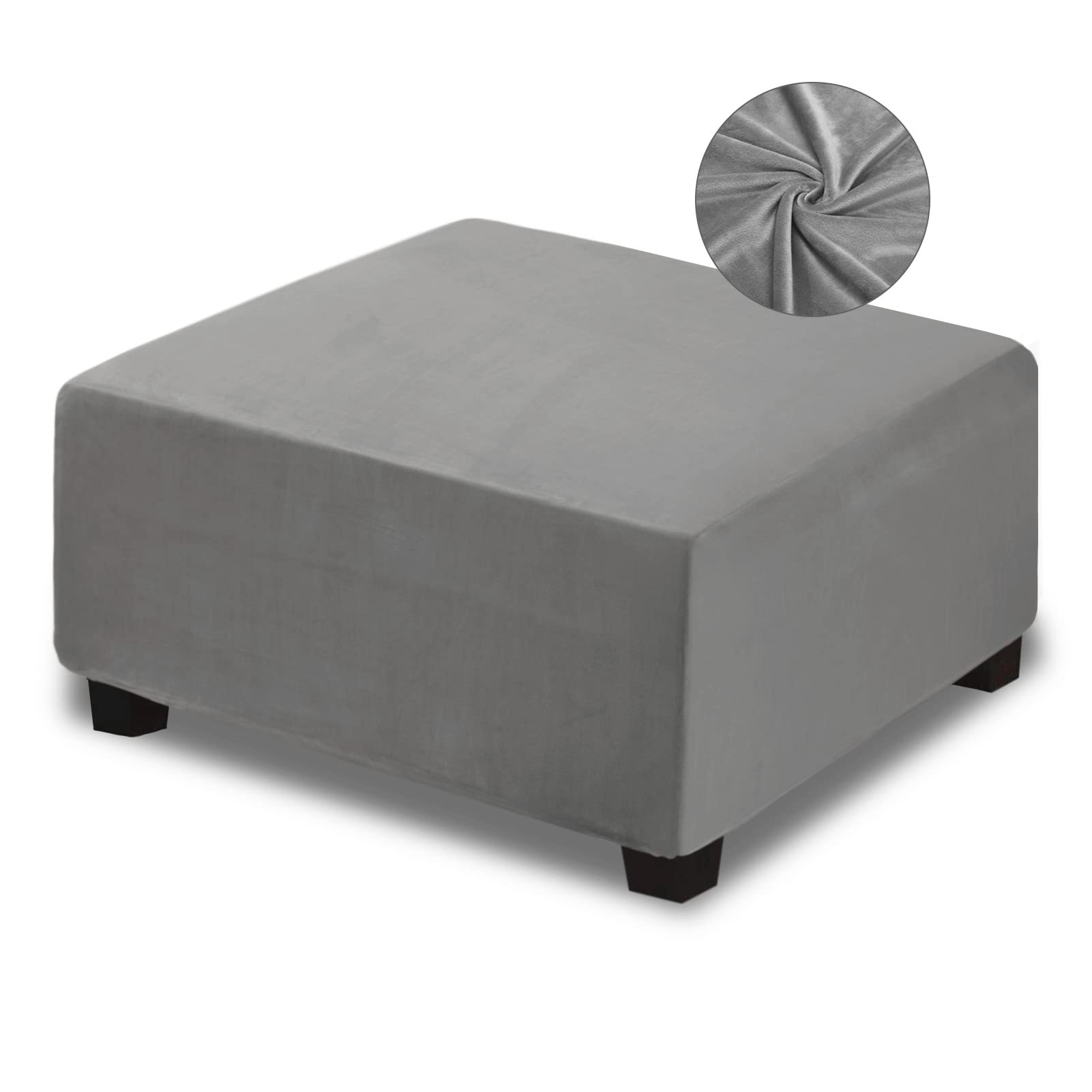 NeColorLife Velvet Ottoman Cover - Large Size Dark Grey, Stretchable Square & Rectangle Storage Ottoman Slipcover with Elastic Band - Thick Footrest Stool Covers for Living Room, Bedroom, and Home Decor