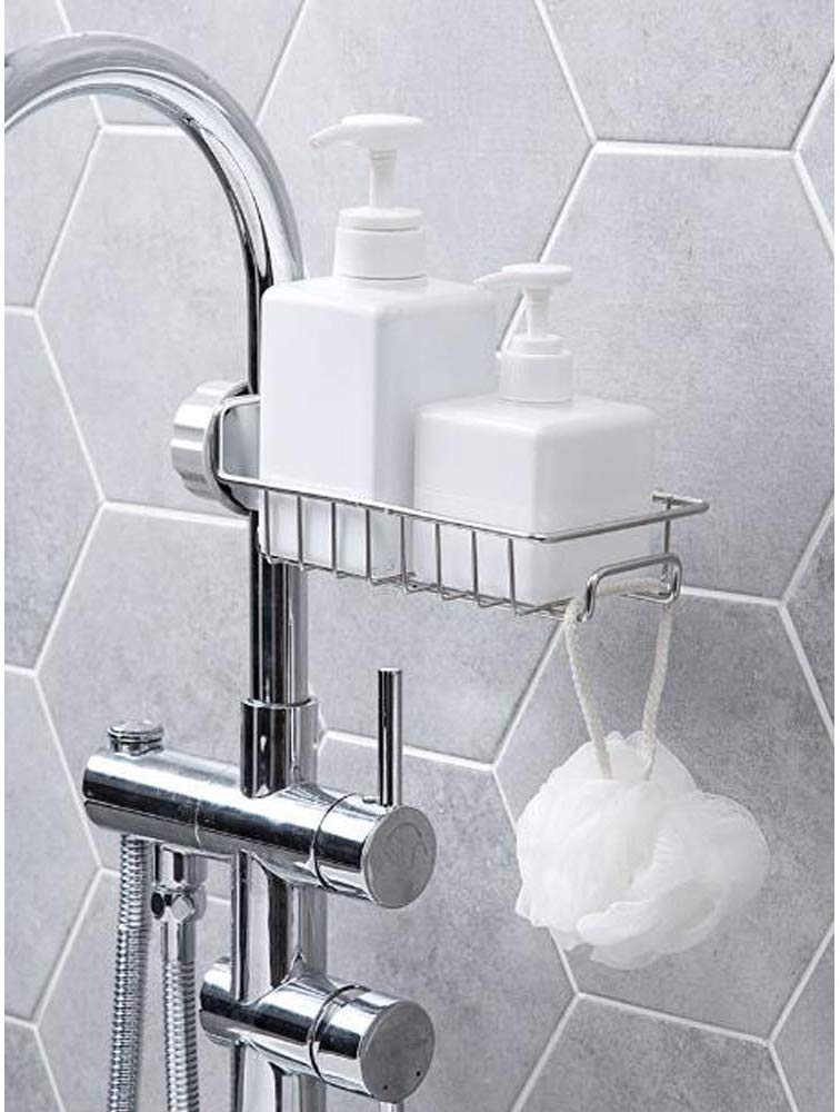 LVZGR Stainless Steel Adjustable Kitchen Faucet Sponge Holder - Multi-Functional Sink Organizer Caddy Rack with Towel Holder - Perfect for Kitchen & Bathroom Organization (Dishwashing, Sponge Storage & Countertop Cleaning)