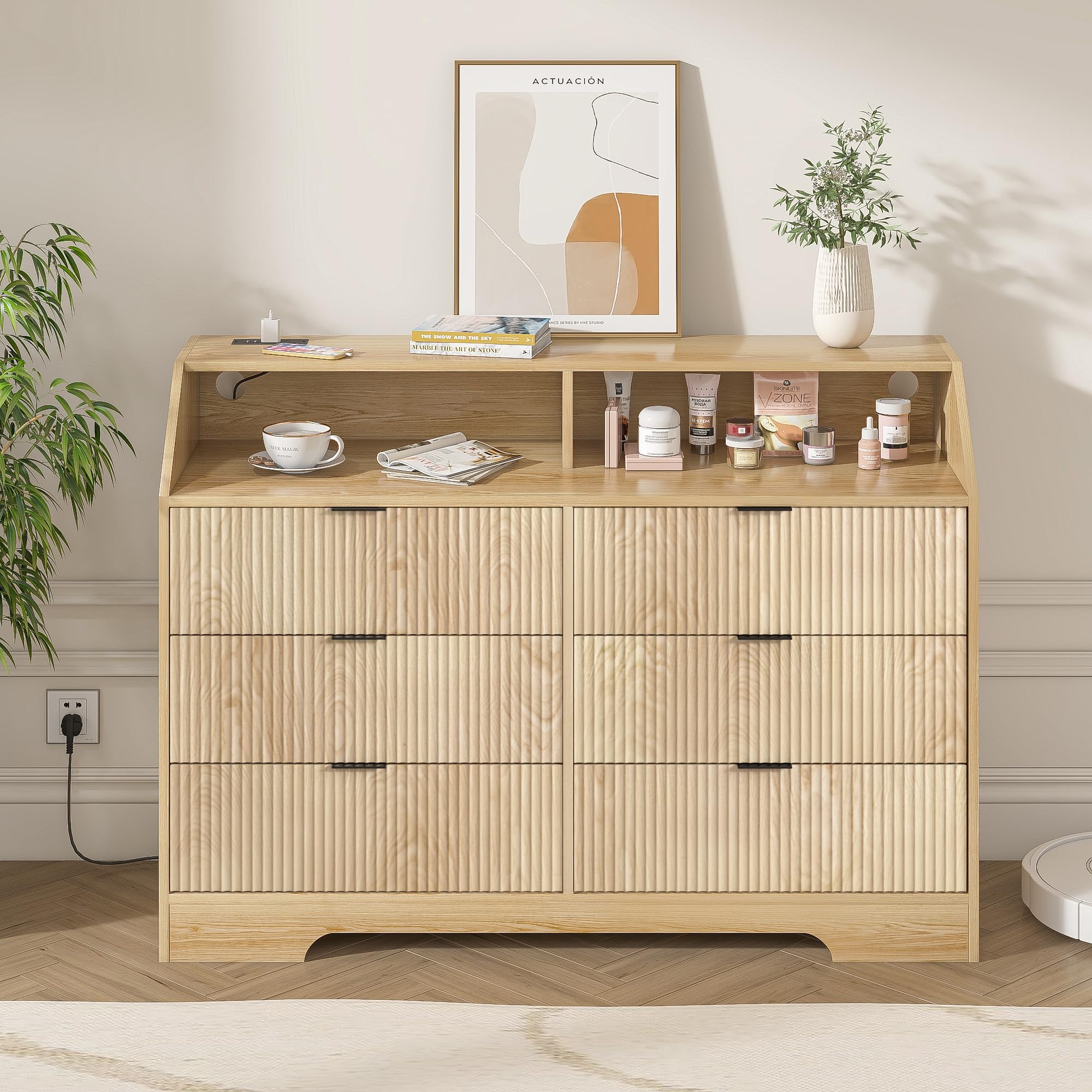 Fluted 3-Piece Bedroom Furniture Set with 6-Drawer Dresser, Nightstand & Charging Station - Modern Bedroom Combo with Matching Dresser & Nightstand (Set of 2) - Storage Cabinet Set for Master Bedroom, Guest Room & Apartment
