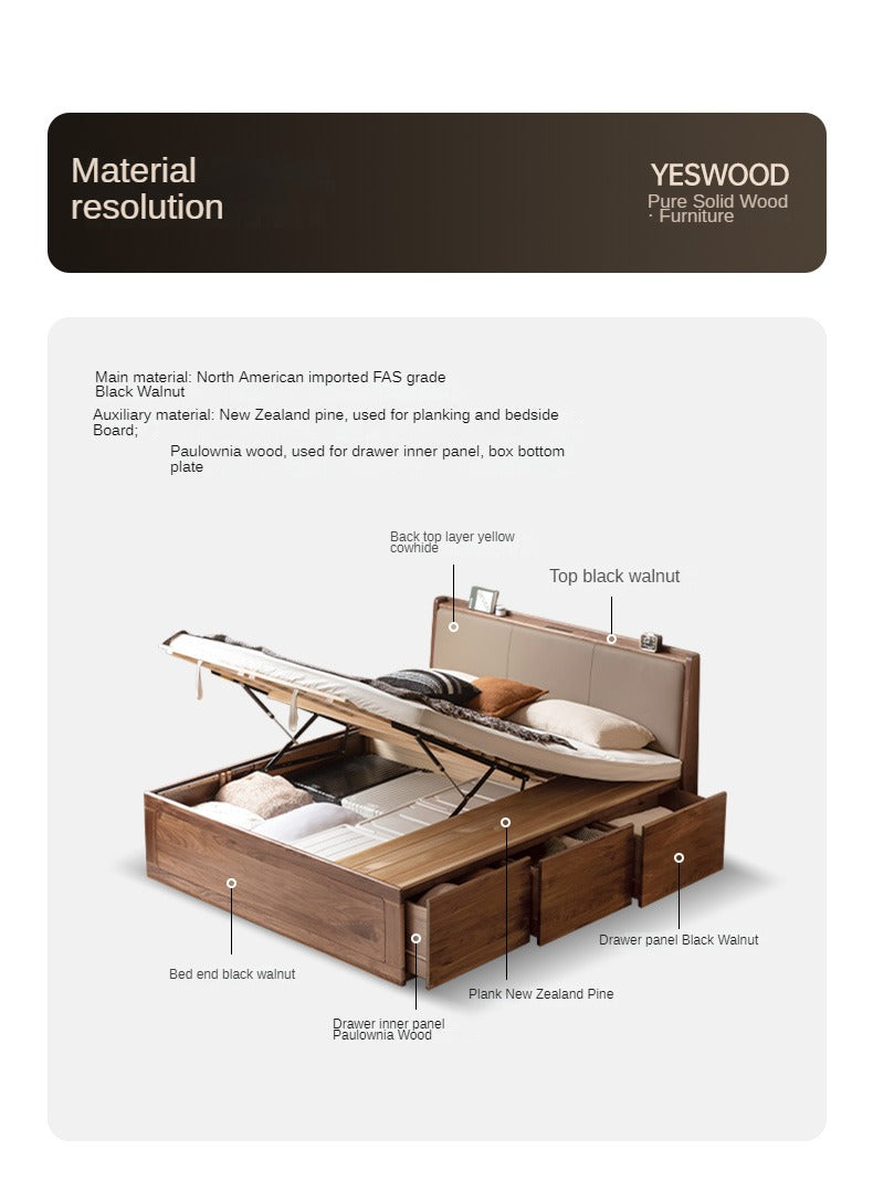Solid Black Walnut Wood Leather-Upholstered Drawer Box Bed - Nordic Style Platform Bed with Storage for Modern Bedroom