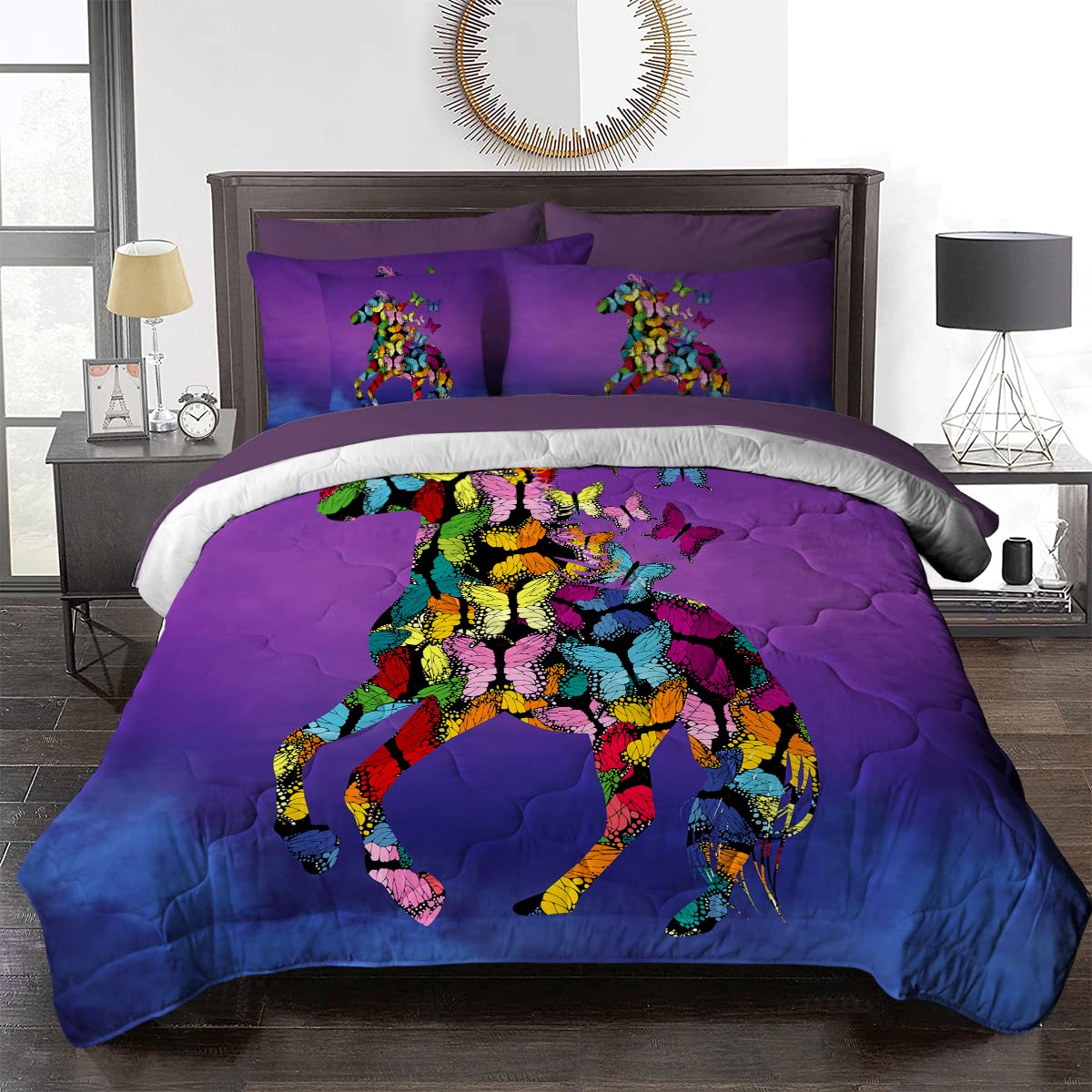 BlessLiving Horse & Butterflies Queen Size 8-Piece Comforter Set - Ultra Soft Microfiber Bedding Set with Sheets | All Season Durable Bed in a Bag | Perfect for Guest Rooms, Dorm Decor & Cozy Bedroom Makeovers