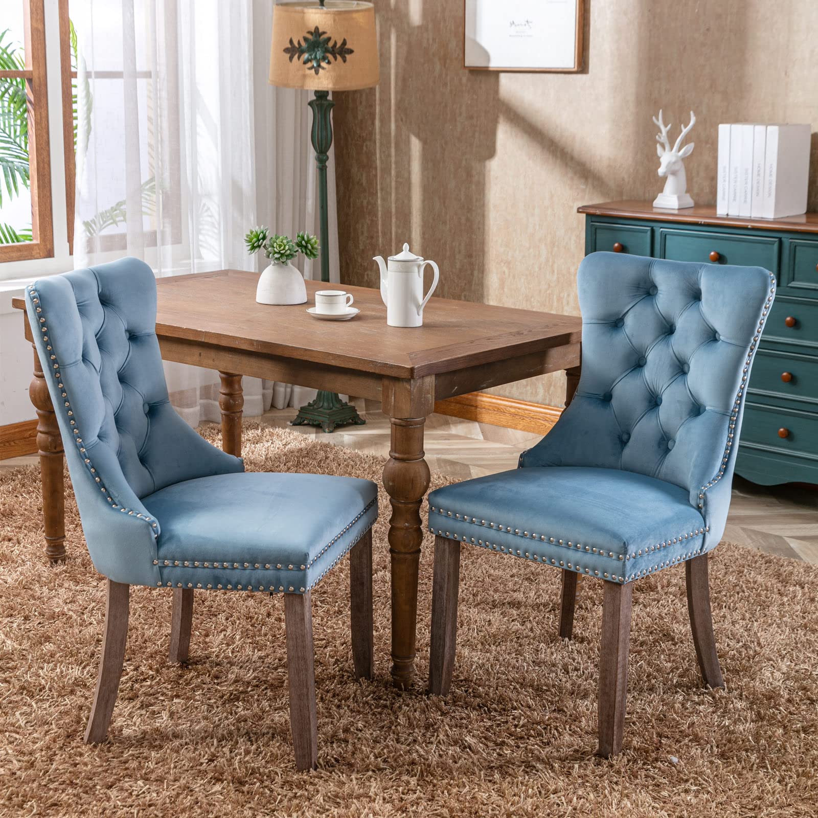 Premium Velvet Dining Chairs Set of 2 - Upholstered Tufted Kitchen Chairs with Wooden Legs & Nailhead Trim, Elegant Light Blue (2-Piece Set) - Perfect for Modern Dining Rooms, Kitchen Islands, and Breakfast Nooks