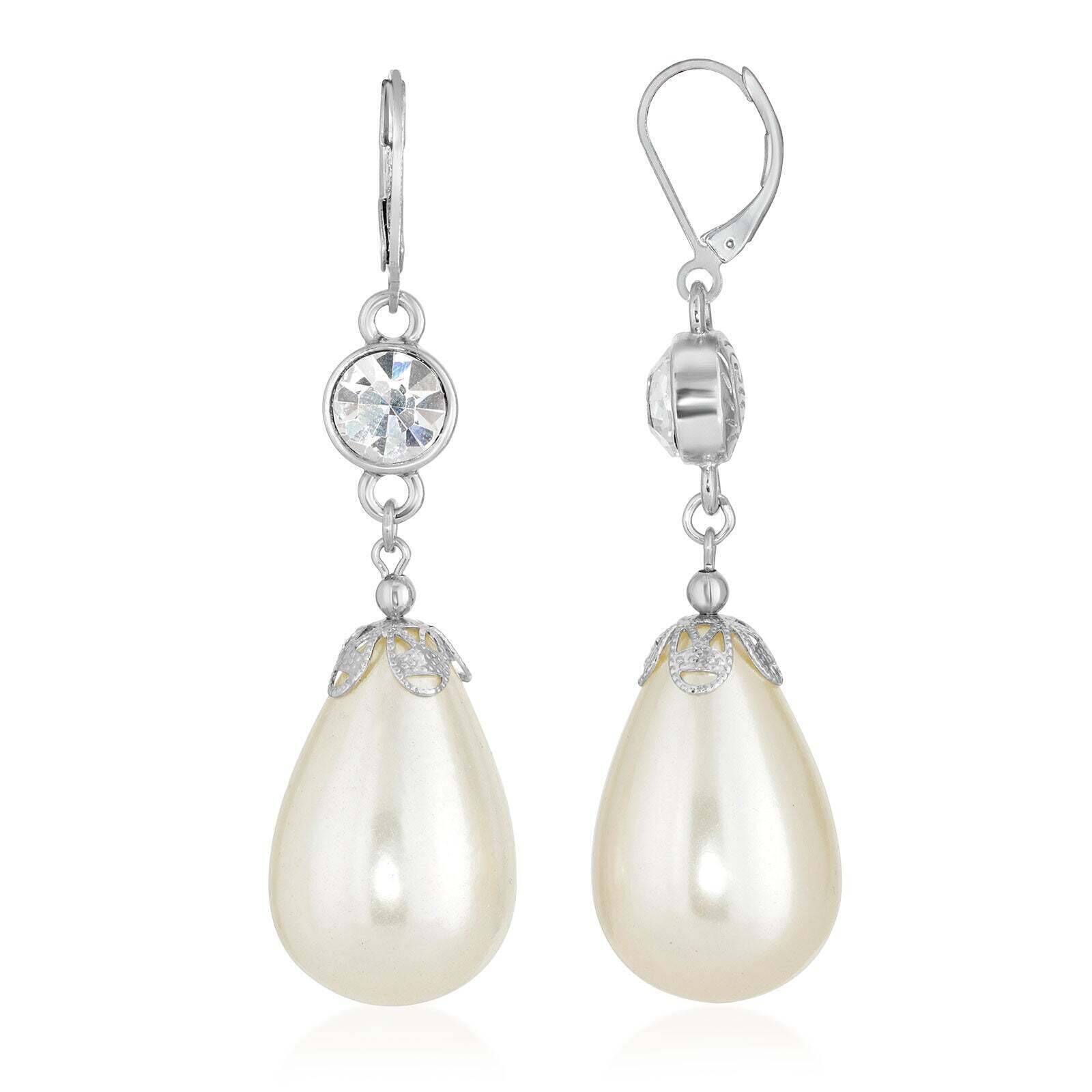 1928 Jewelry Large Teardrop Faux Pearl and Crystal Drop Earrings - Elegant Vintage Style Dangle Earrings for Women - Perfect for Weddings, Parties, and Special Occasions