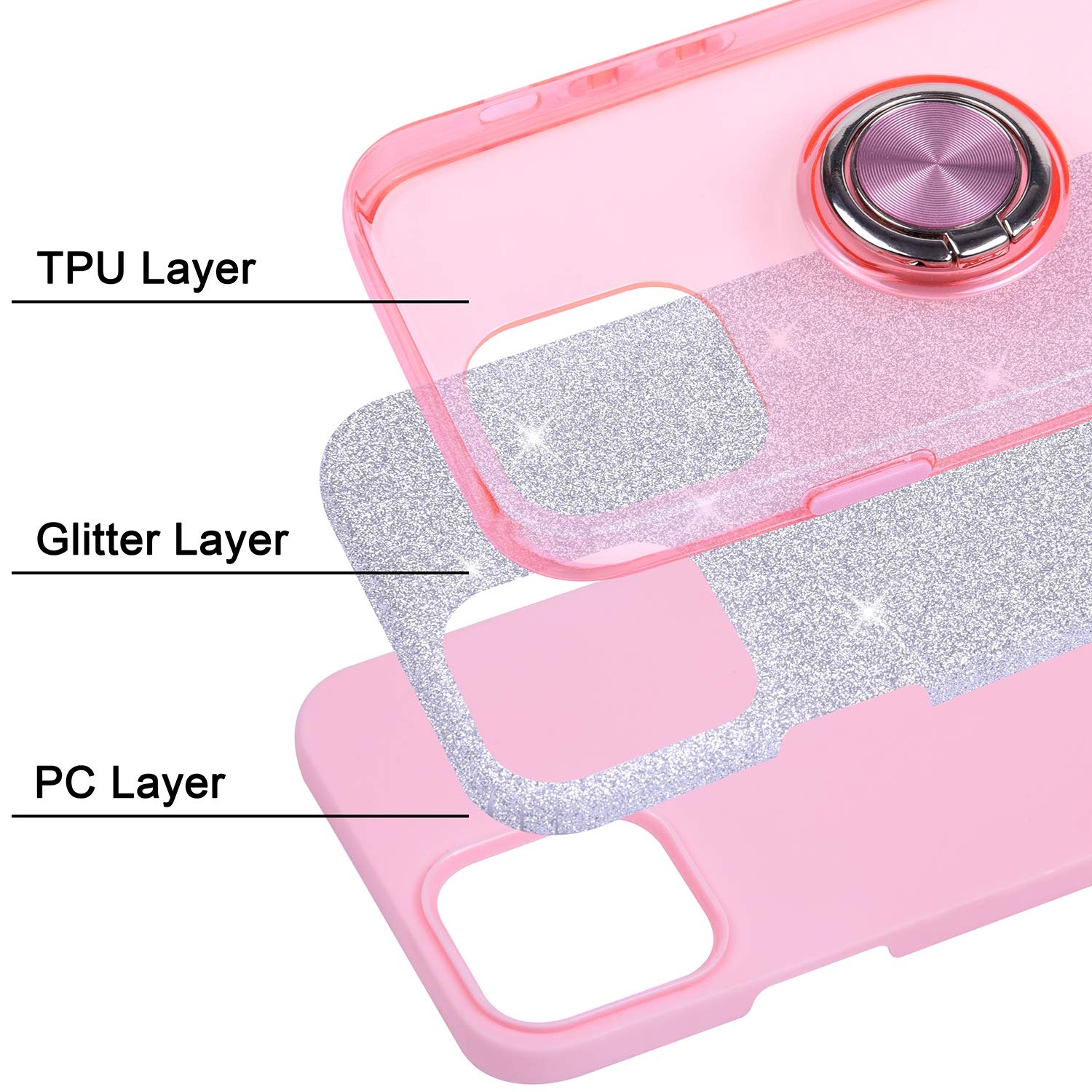 Wisdompro Sparkle Glitter Protective Phone Case with Ring Kickstand for iPhone 12 Mini 5.4 Inch - Pink, Cute Bling Design for Women & Girls | Perfect for Everyday Use, Parties, and Gifting