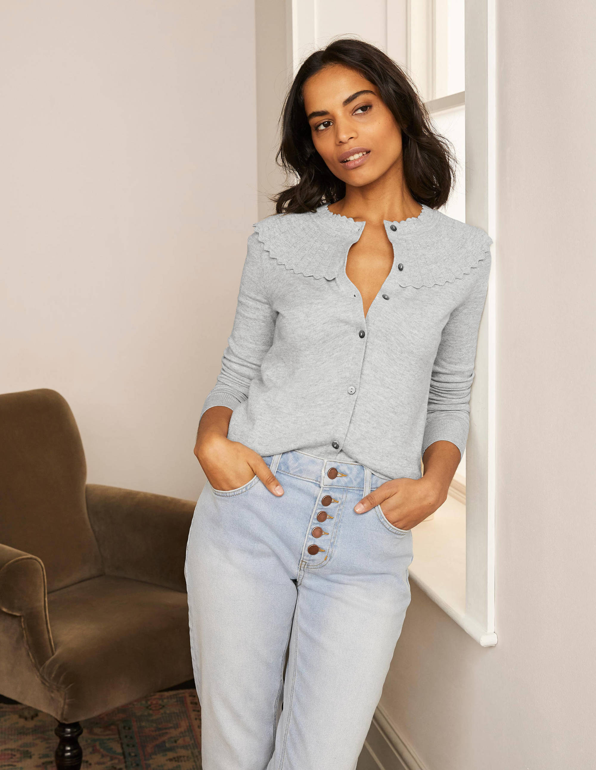 Abercorn Scallop Cardigan - Grey Melange Knit Sweater for Women | Cozy Fall & Winter Layering Piece | Perfect for Office, Date Night and Casual Outings