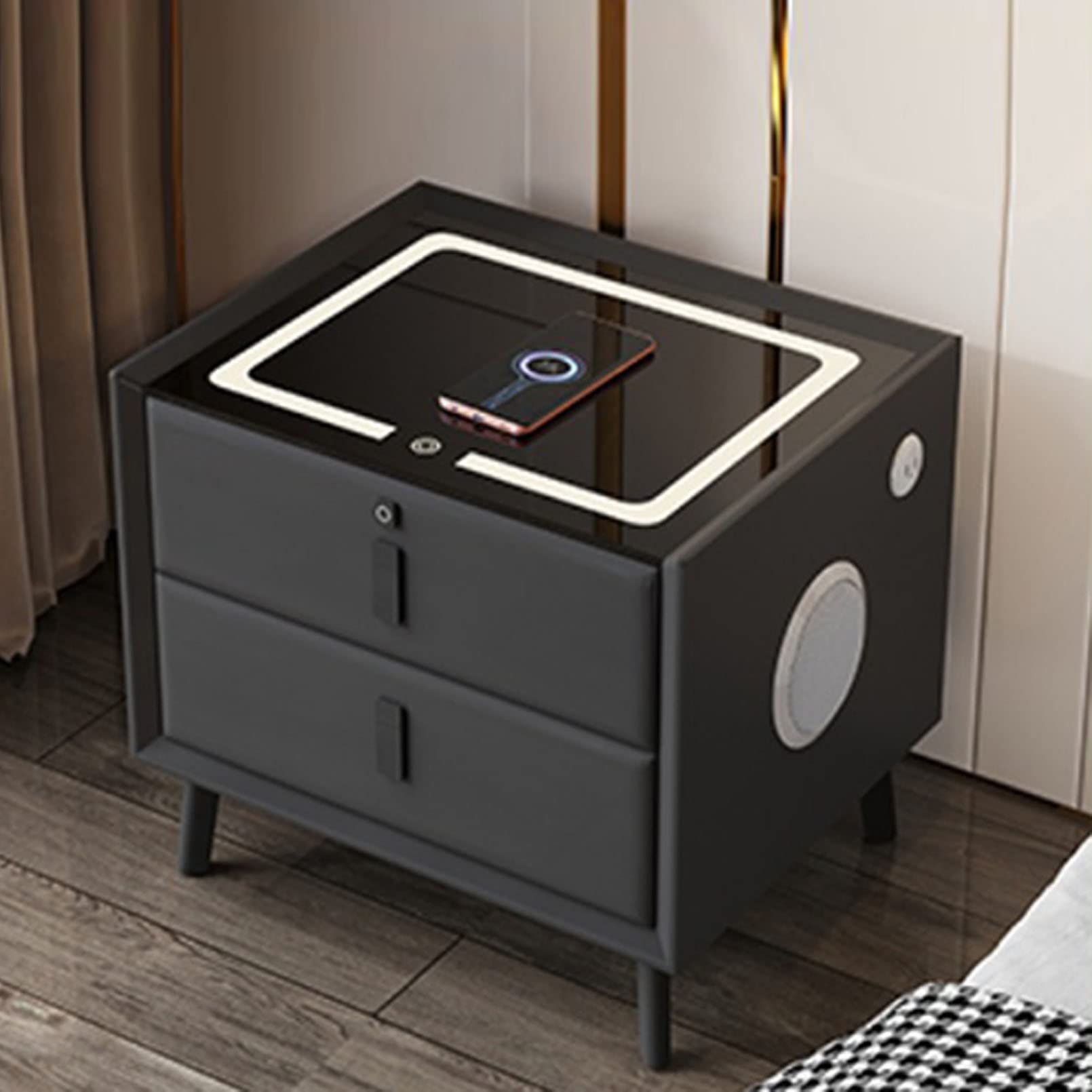 Smart Bedside Table with Wireless Charging & Fingerprint Lock - Solid Wood Storage Cabinet, Modern Nightstand for Bedroom & Living Room, Black, 50cm - Perfect for Small Spaces, Charging Devices & Secure Storage