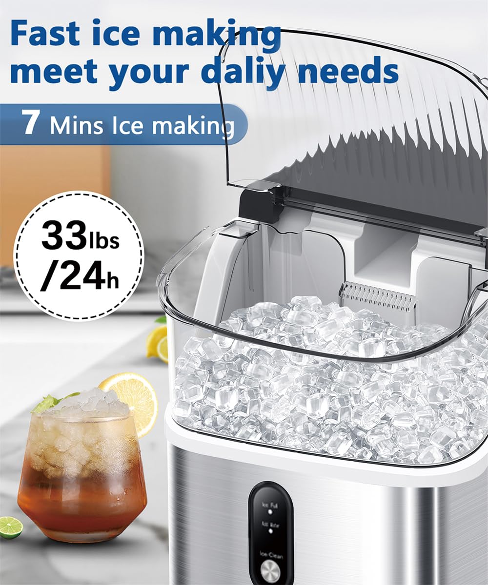 Portable Nugget Ice Maker Machine - 33lbs/Day, Self-Cleaning Countertop Ice Maker with Handle, Stainless Steel - Perfect for Home, Office, and Outdoor Use