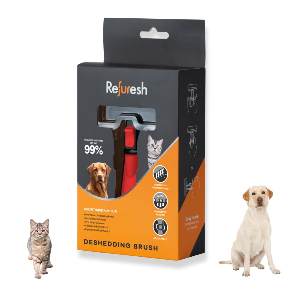 Short/Medium Hair Dog Deshedding Brush - Red (Medium) | Pet Grooming Tool for Dogs & Cats | Reduce Shedding & Hairballs | Perfect for Home Grooming & Vet Visits